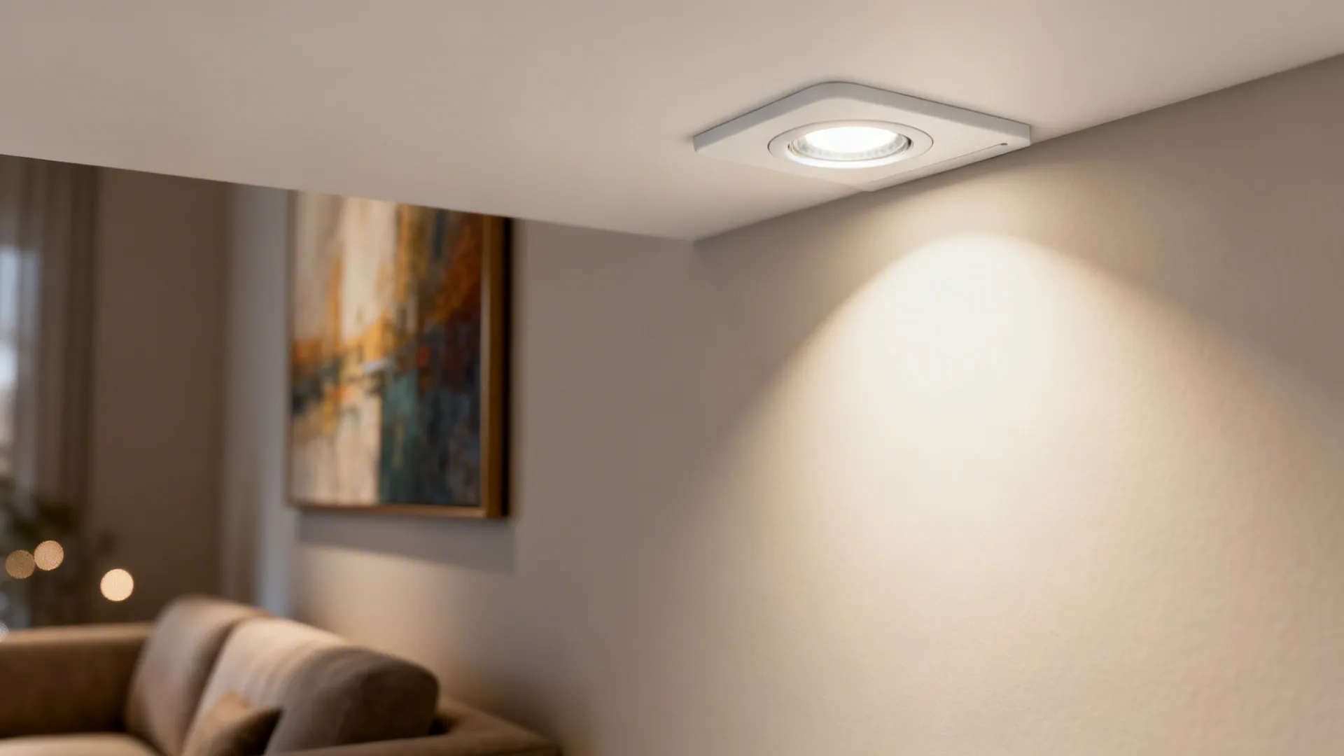 Close-up of a dimmable LED recessed can casting warm light on artwork and seating.