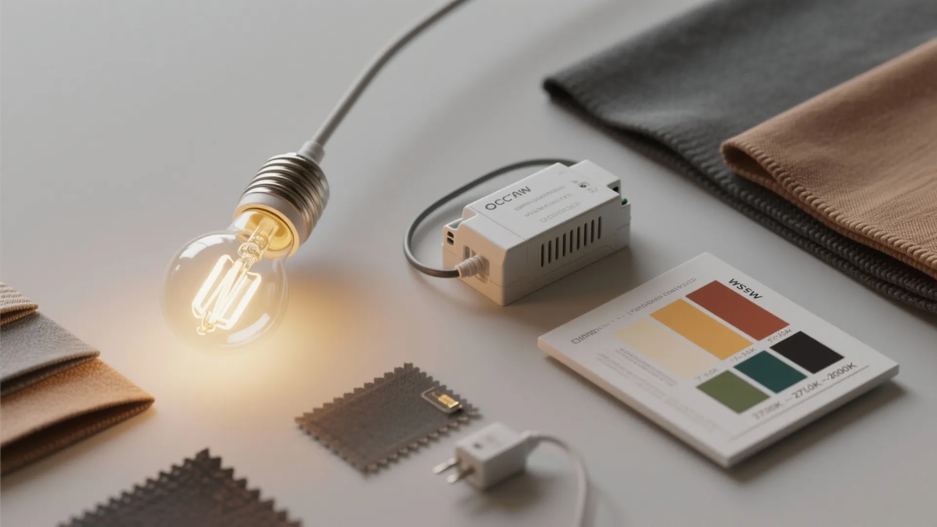 Glowing light bulb with dimmable controller on desk next to fabric samples and color palette