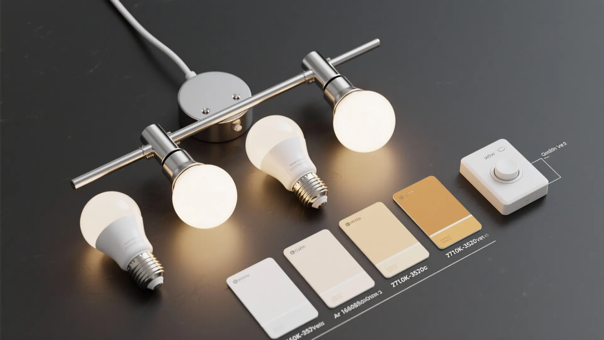 Modern track light fixture with round light bulbs and dimmer switch on dark gray surface