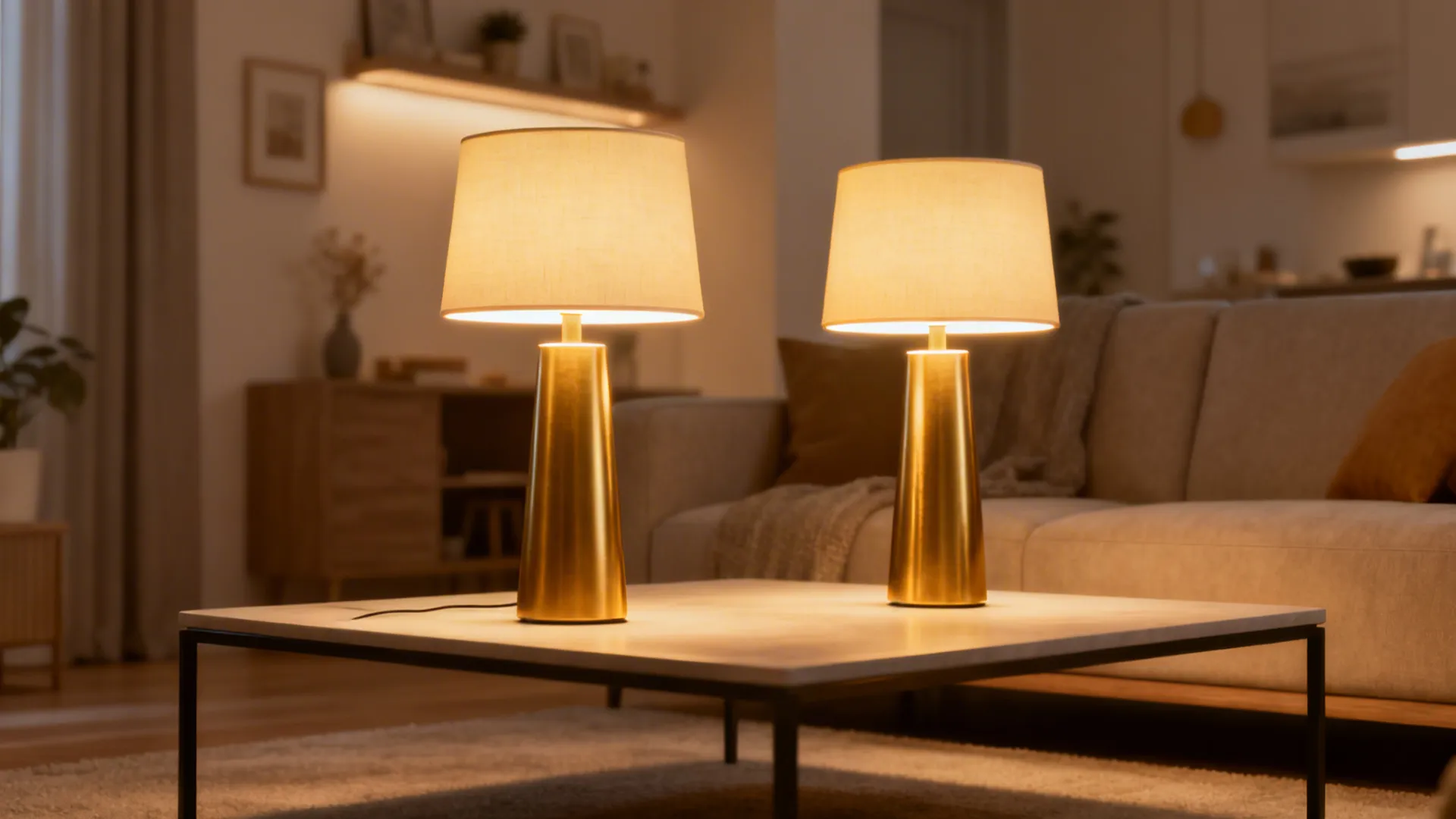 Integrated dimmable LED table lamp on a coffee table providing adjustable warm ambiance in a small living room.