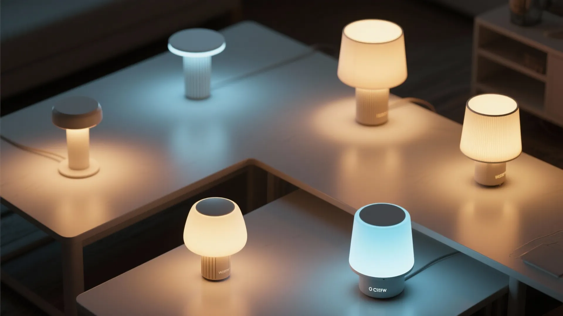 Multiple small table lamps on white tables showing warm and cool light for home decoration