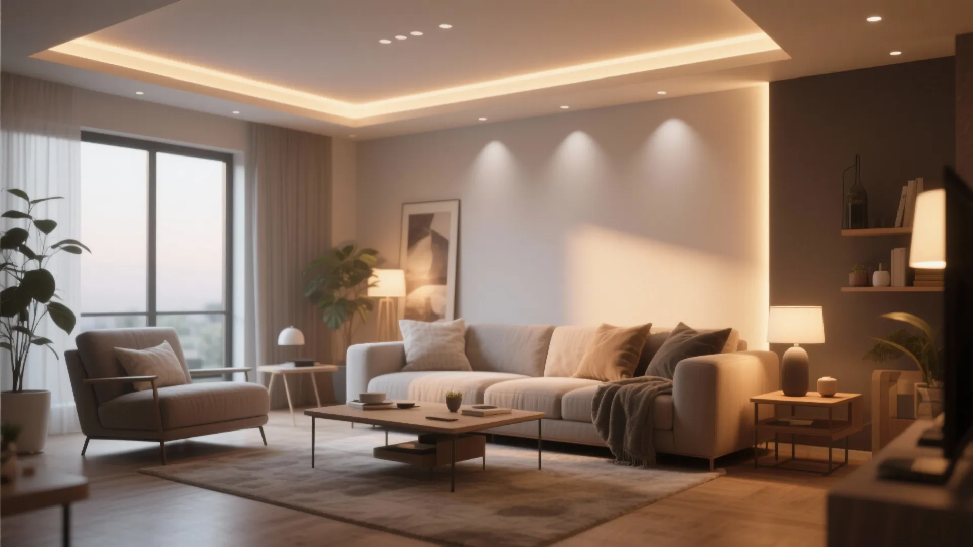 Living room with dimmable recessed LED lighting creating warm atmosphere
