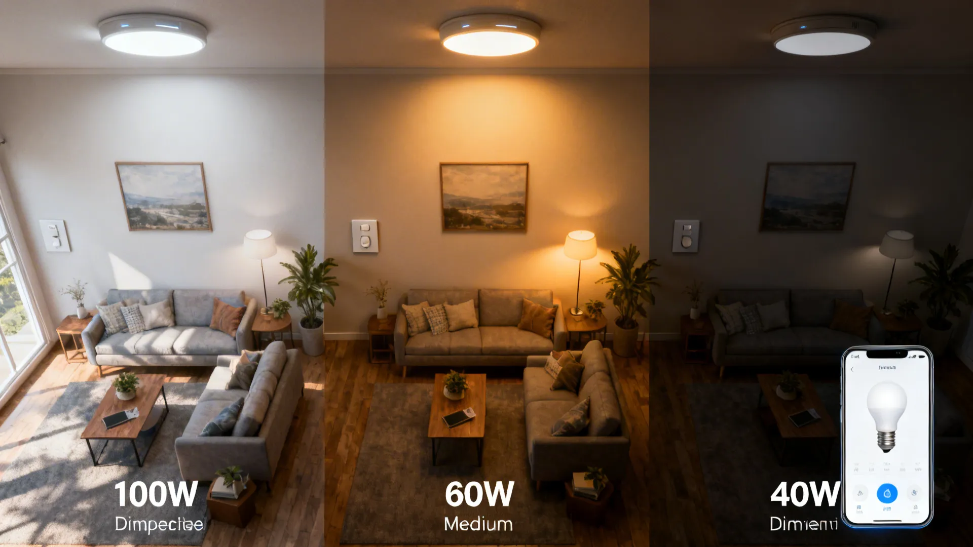 Top-down comparison of three dimmable LED lighting scenes in a small living room showing brightness levels.