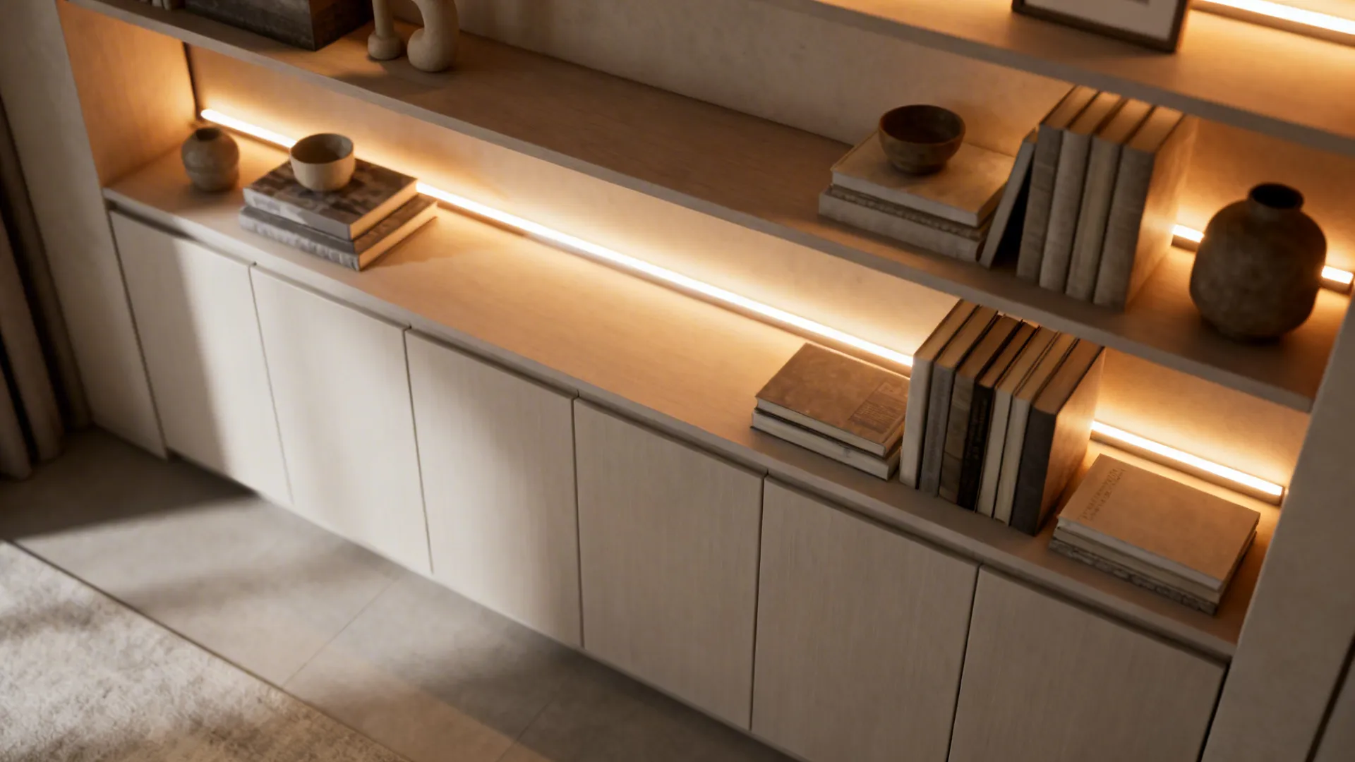 Shelves and cabinets softly haloed by warm dimmable LED strips for flexible moods.