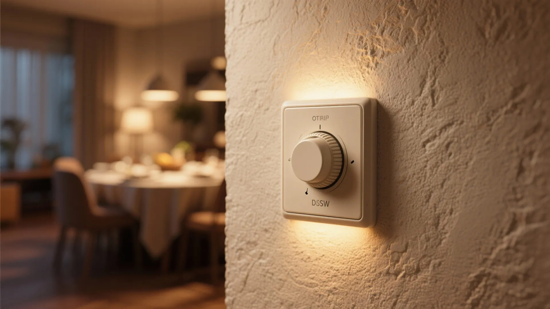 White round light switch knob on textured wall with warm blurry dining room background visible