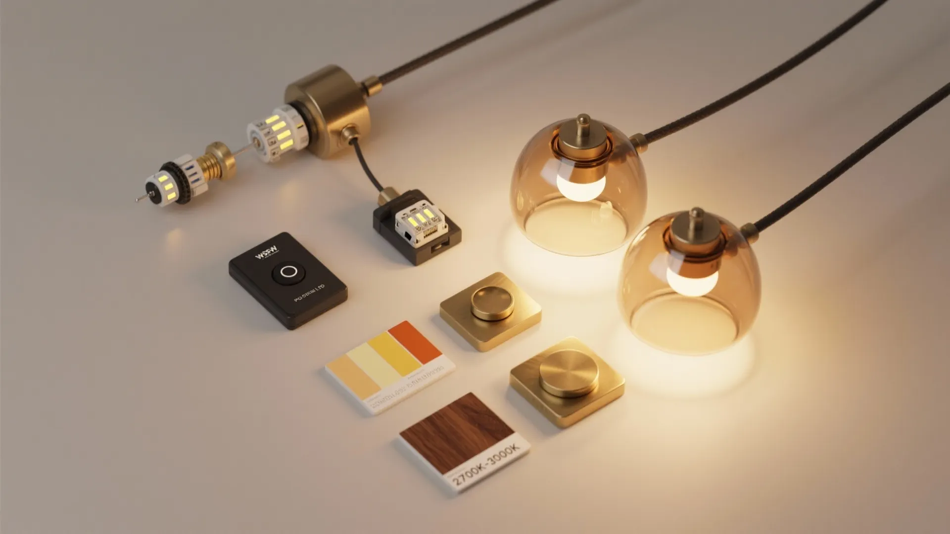 Flatlay of integrated dimmable LED modules, dimmer switch, glass shade samples and color temperature swatches.