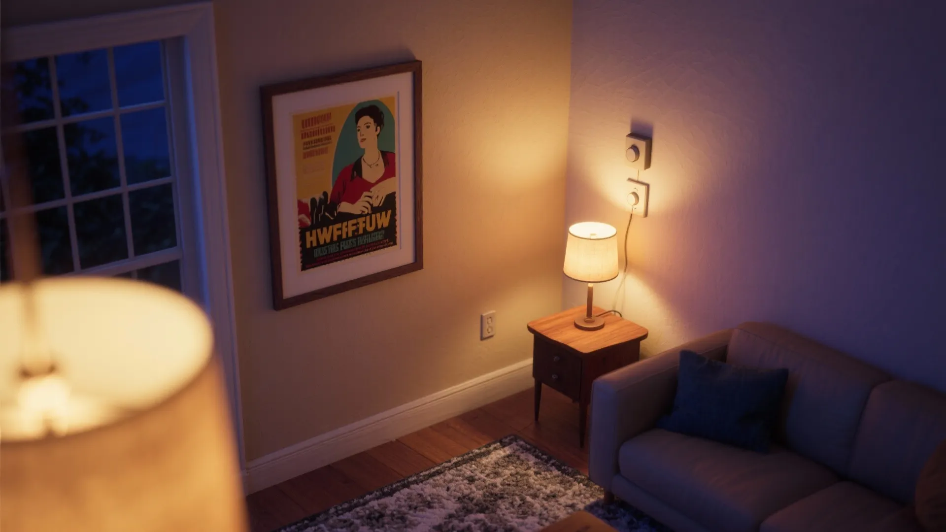 Vintage poster lit by a dimmable picture lamp showing warm, controlled illumination and a nearby dimmer switch.