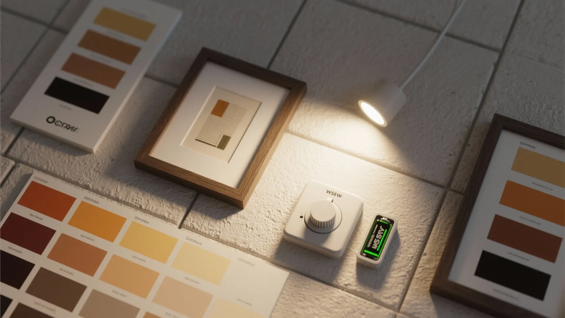 Small white light fixture illuminating wood picture frames and warm color swatches on textured floor