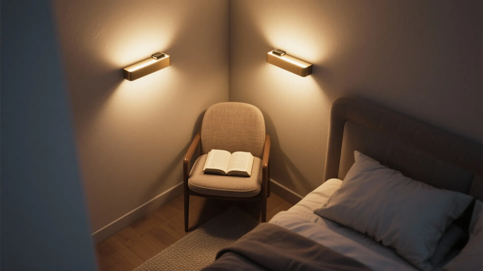 Top-down view of a compact bedroom corner lit by dimmable battery sconces for reading.