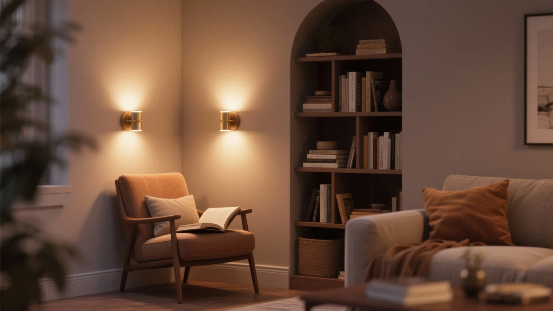 Cozy reading corner with armchair two gold wall lights arched bookshelf sofa and warm indoor lighting