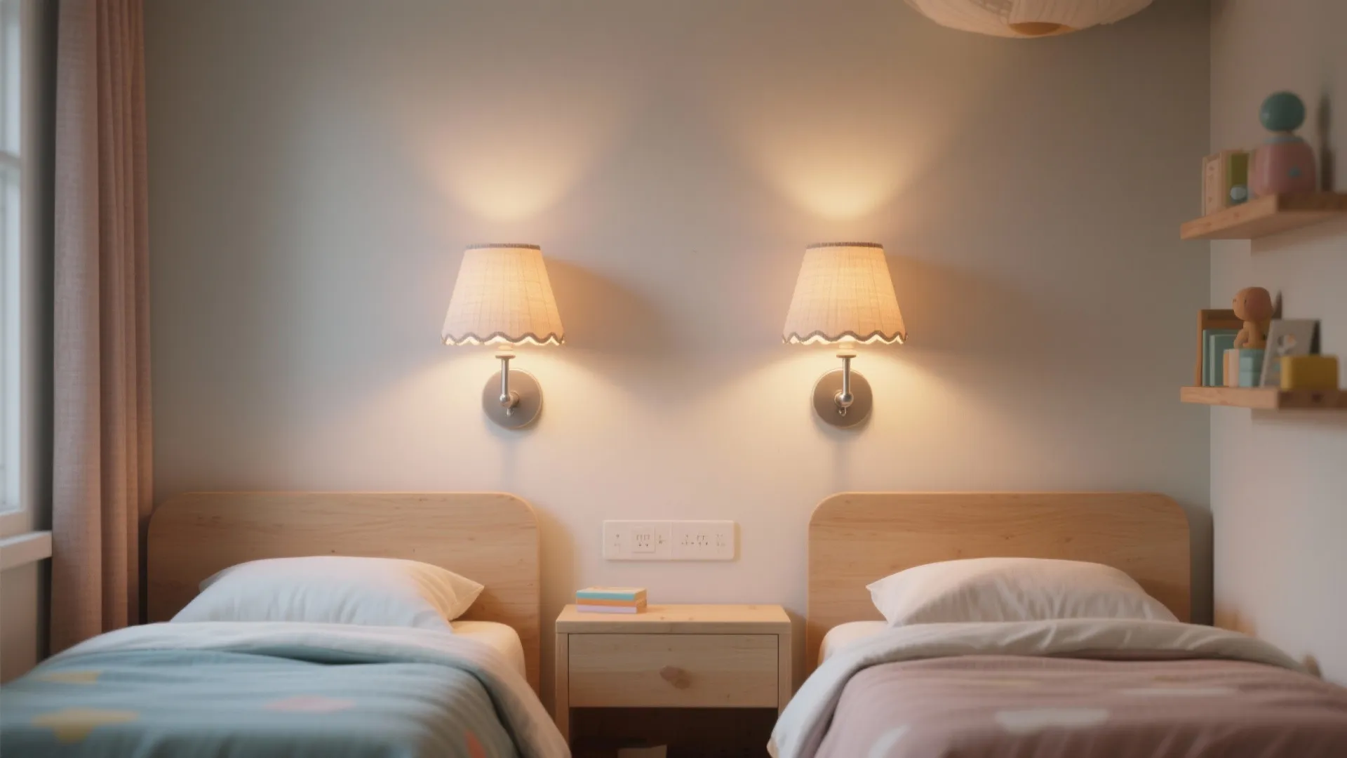 Two wooden beds with white pillows separated by small nightstand under two warm wall lights
