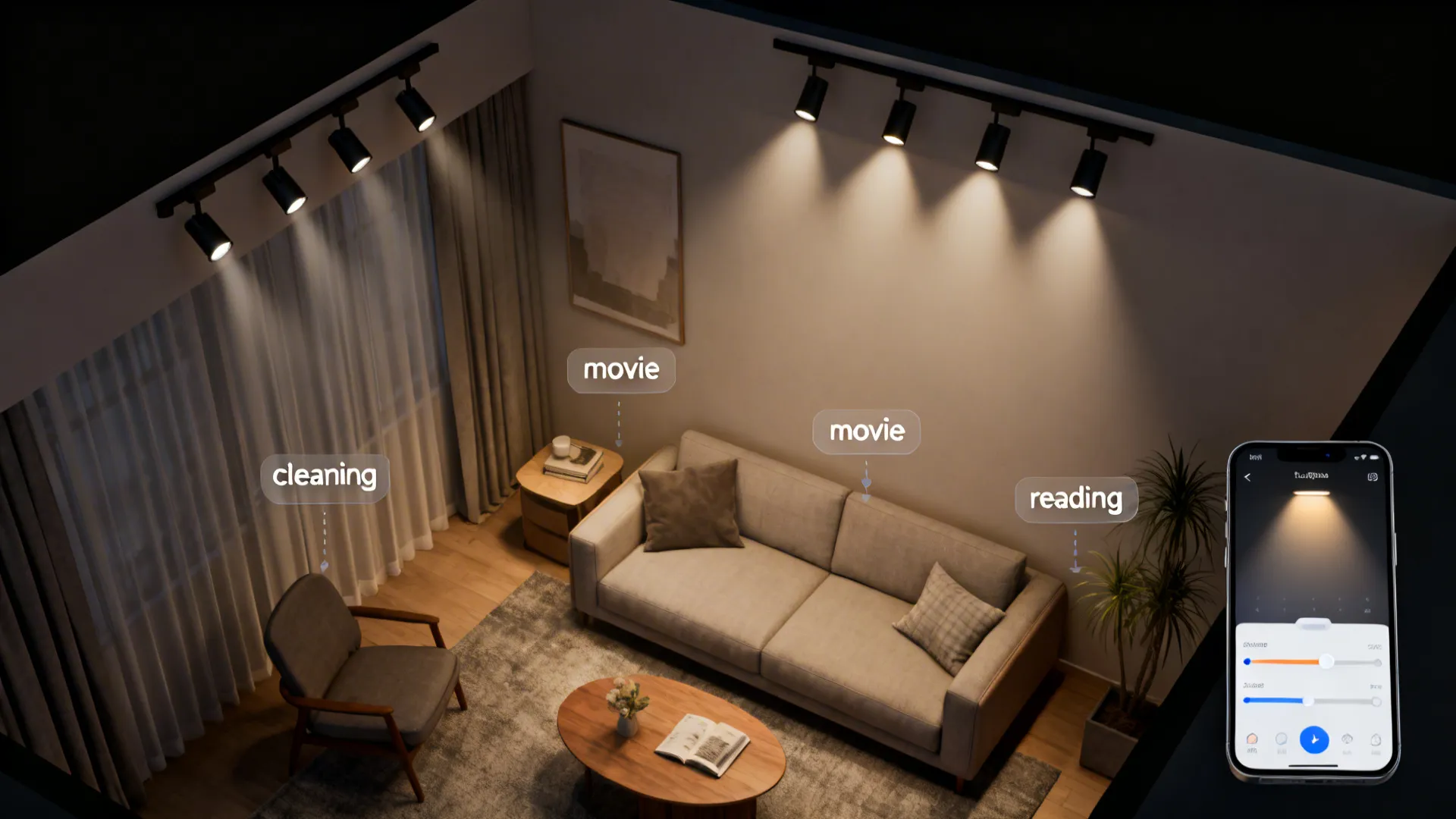 Top-down lighting plan and smartphone showing dimmable track lighting scenes for a living room.