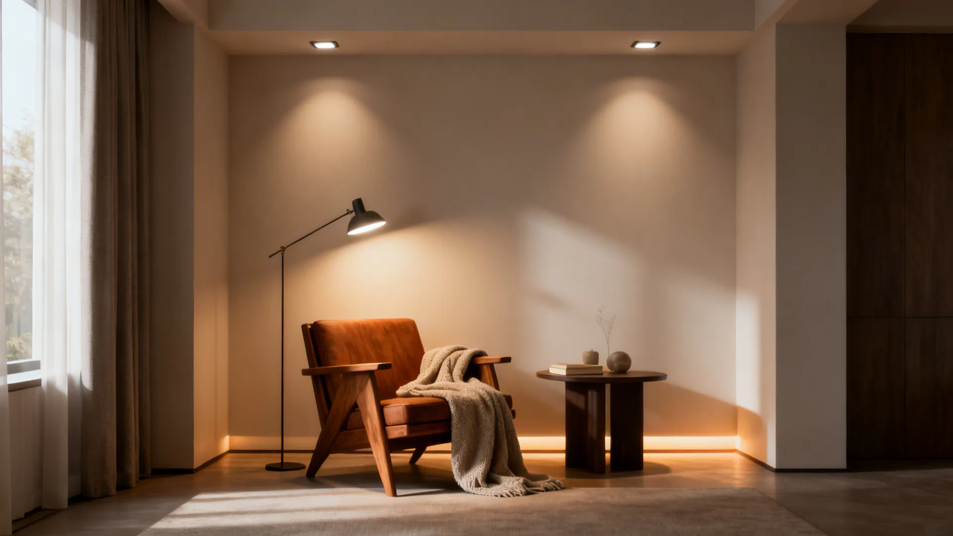 Reading nook bathed in warm dimmable recessed LED light with layered ambient and task lighting.