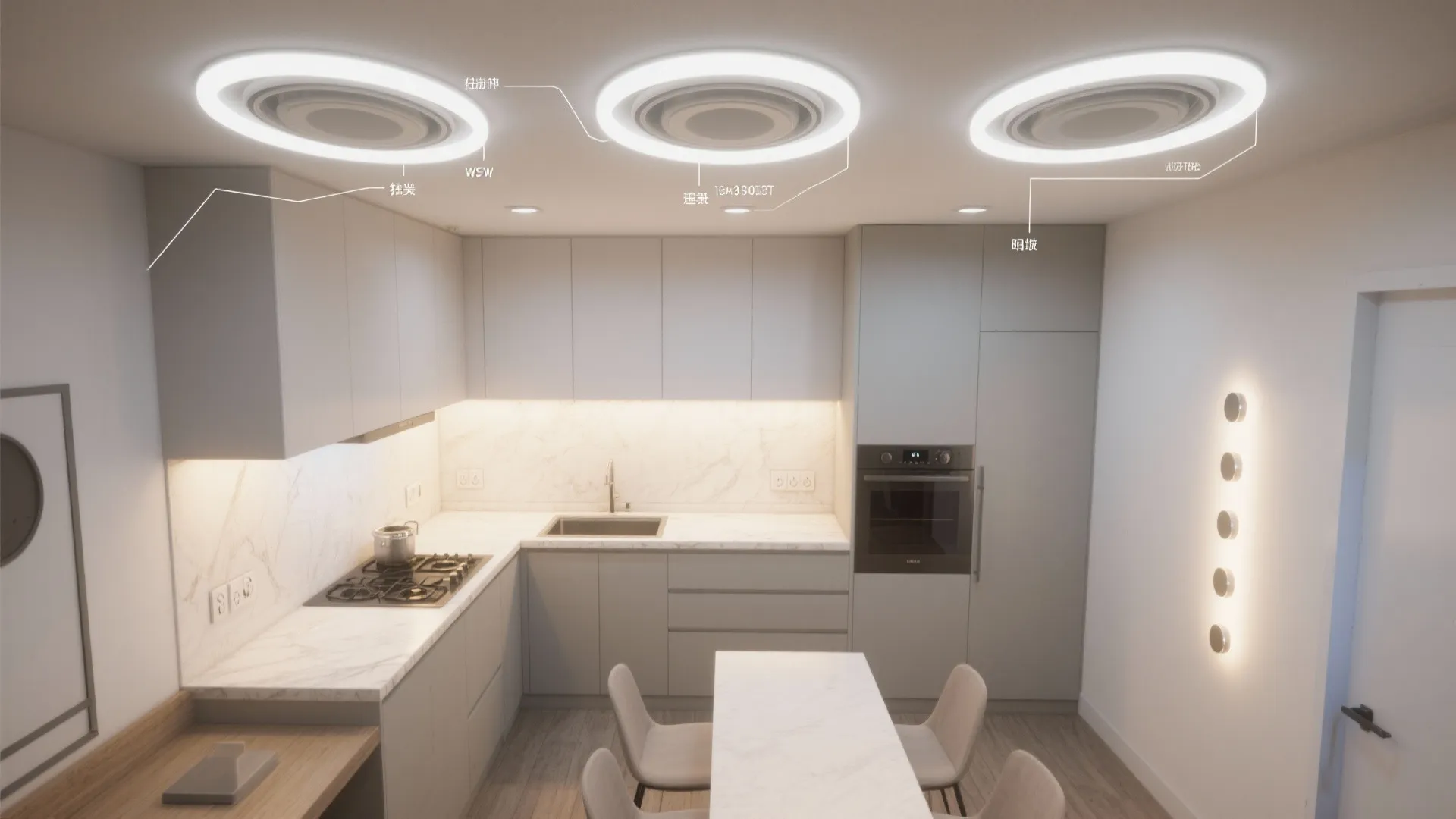 Modern kitchen with white cabinets marble counters and three large round ceiling lights above the table