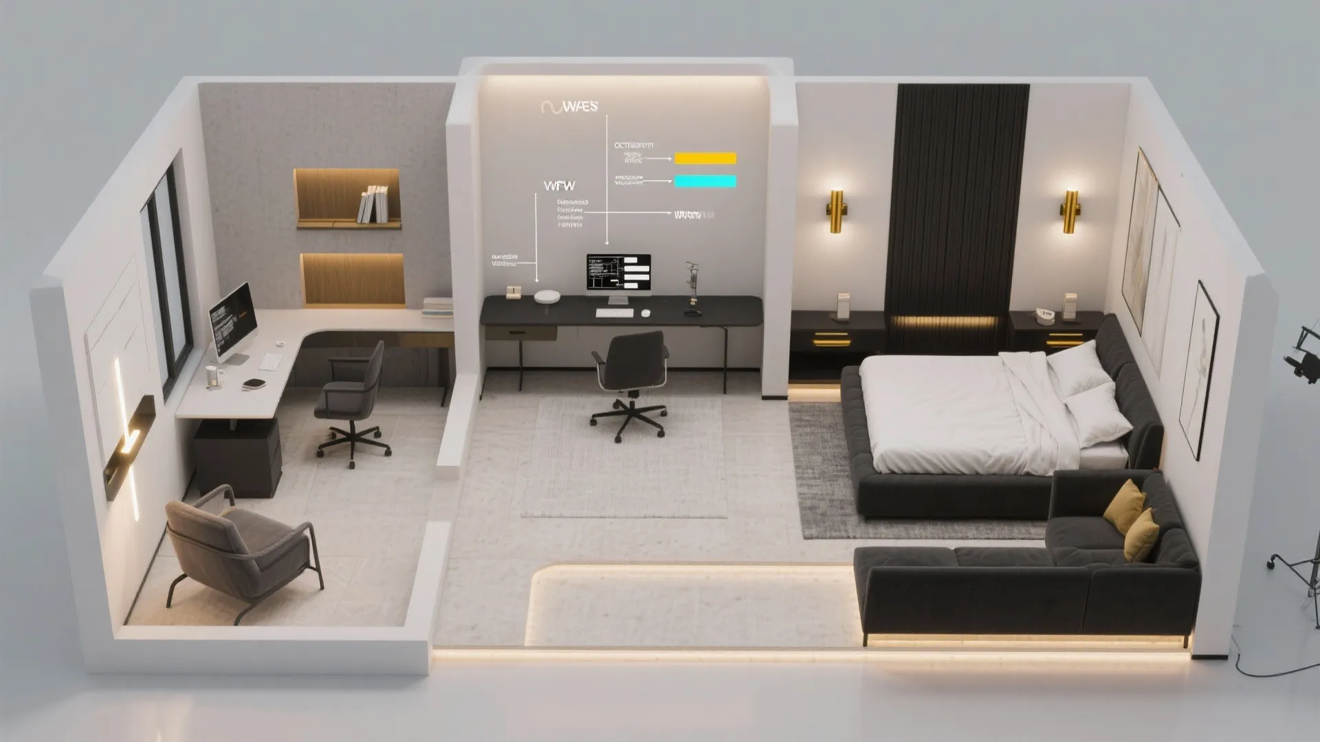 4. Use dimmable black-gold fixtures in multipurpose rooms