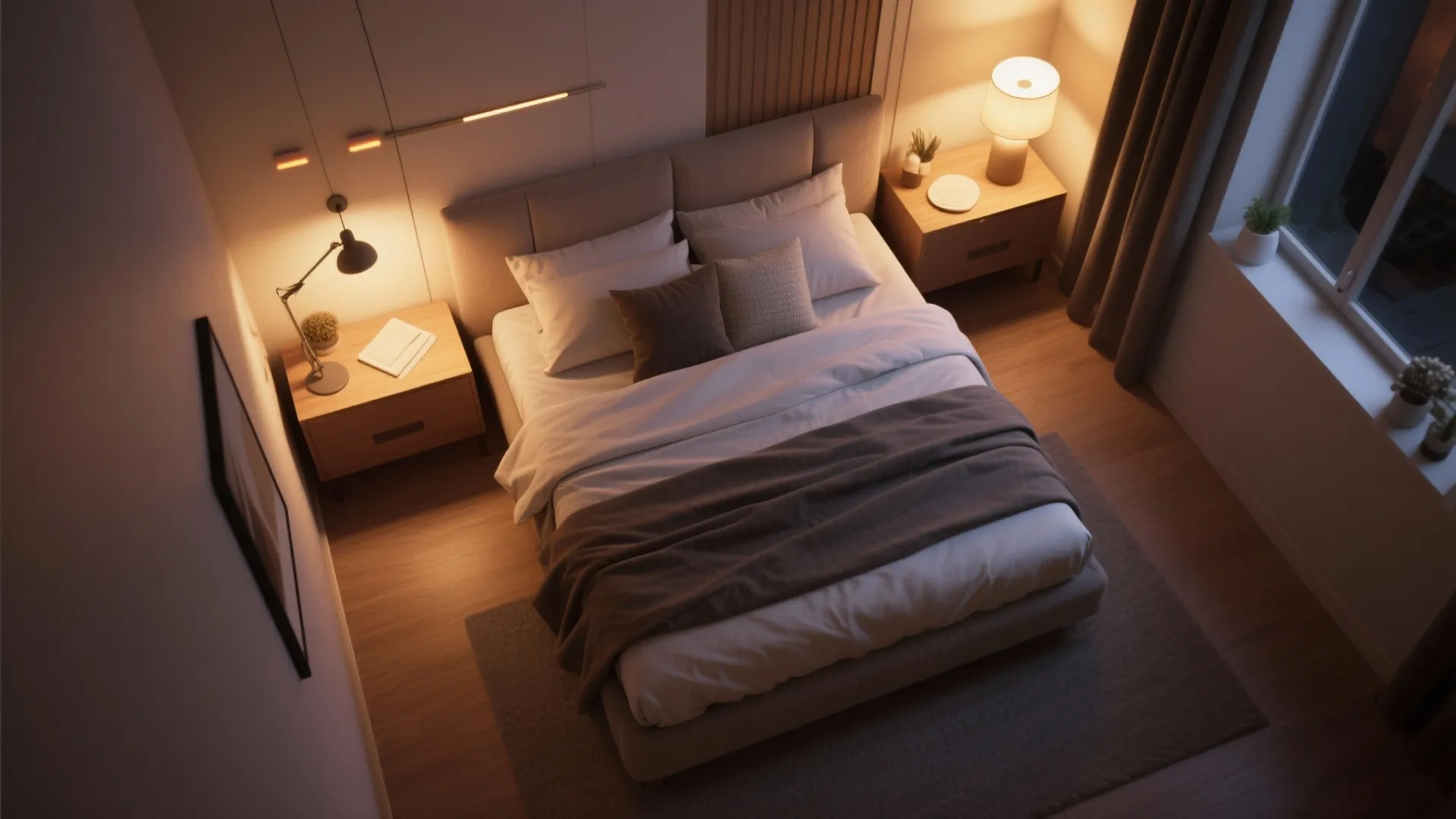 Top view of a cozy bedroom with warm lighting wooden side tables and soft bedding