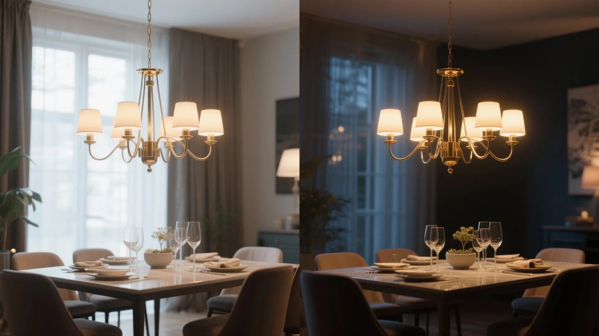 Dimmable chandelier shown in bright and dim settings over a dining table to illustrate mood control.