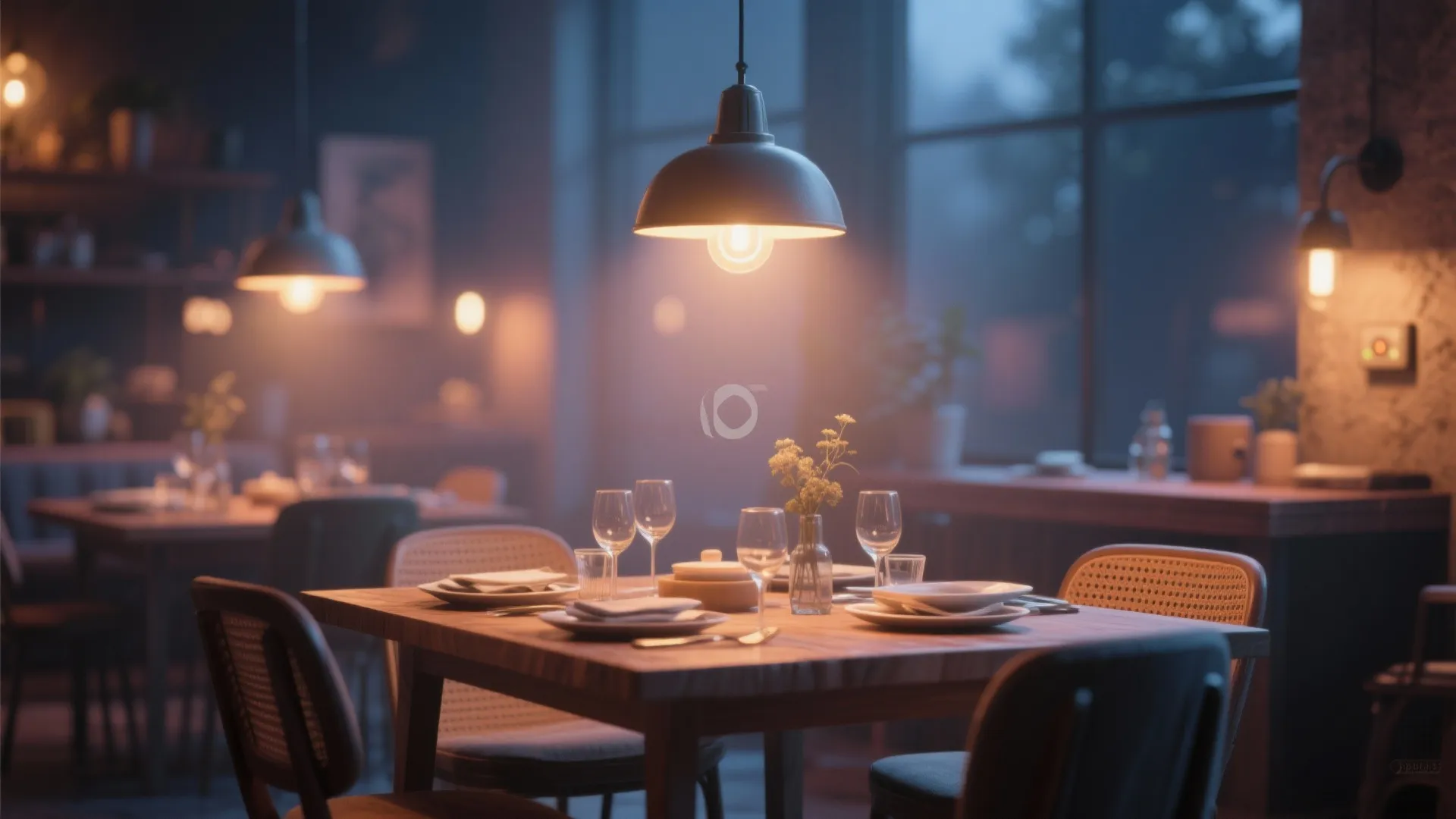 Warm restaurant interior with several black ceiling lights hanging over wooden tables and woven chairs