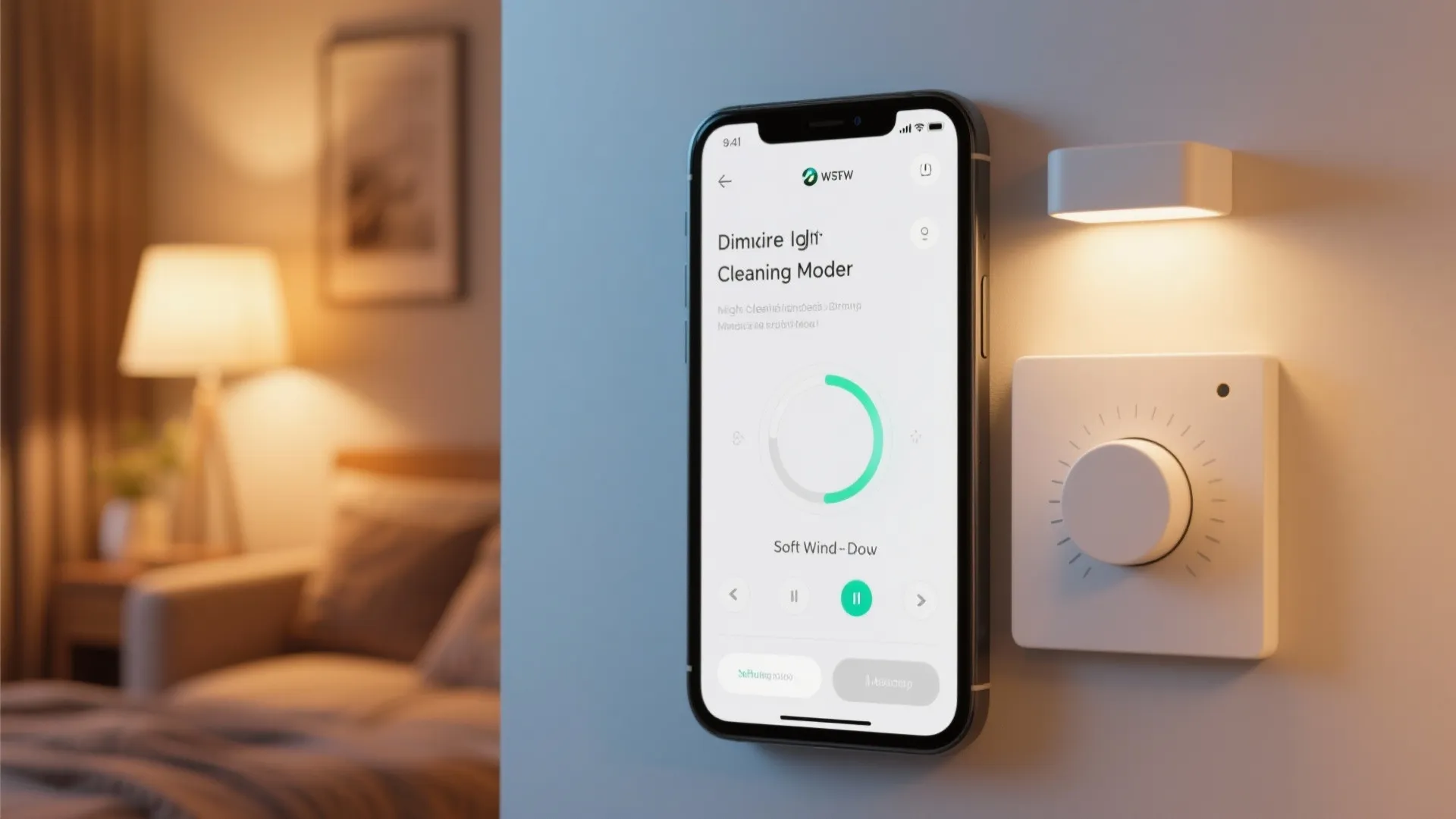 Dimmer switch panel with smartphone app controlling warm lighting scenes
