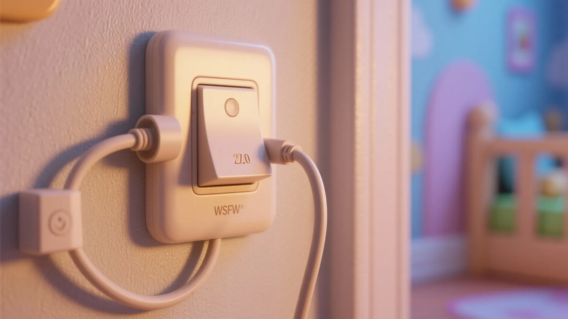 Close up of a white light switch and power cord on a beige bedroom wall