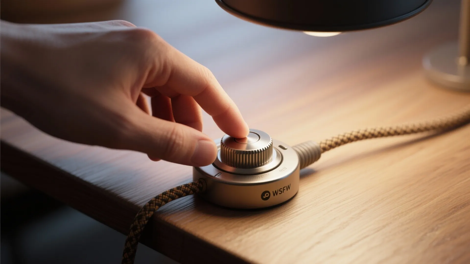 Close-up of a hand adjusting a dimmer knob beside a pendant cord mock-up on a wooden tabletop.