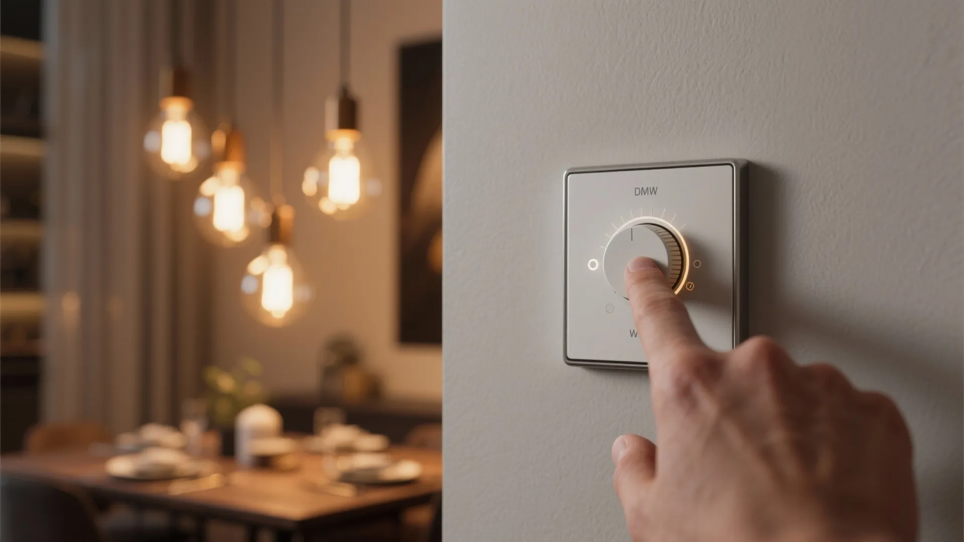 Close up of person adjusting a white light dimmer switch on wall with warm lights