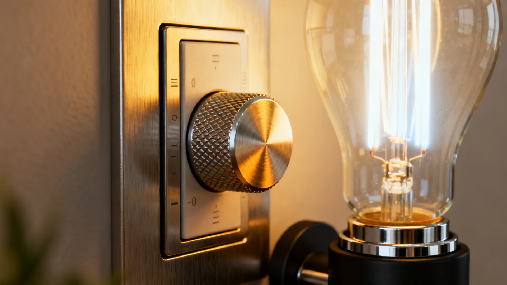 Close-up of a dimmer switch and LED fixture showing low and high light levels.