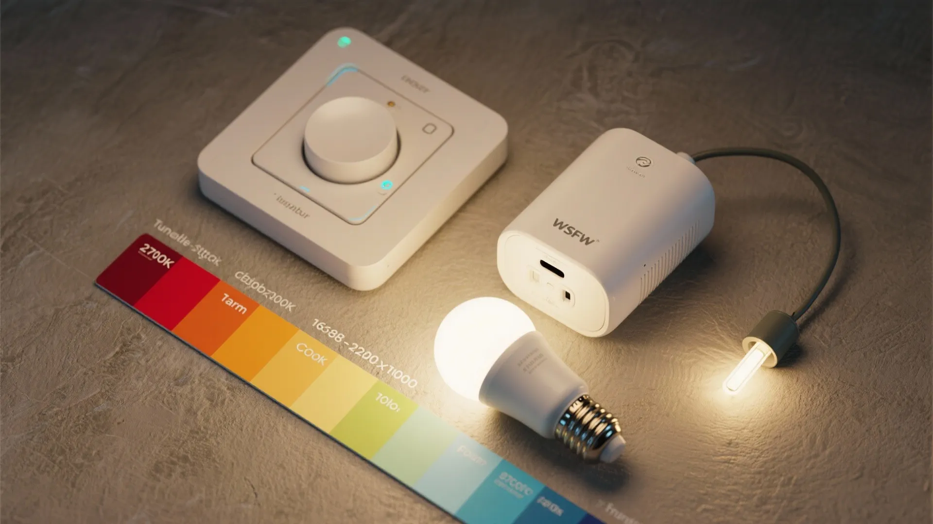 Smart dimmer switch with a white hub and glowing light bulb beside color temperature scale