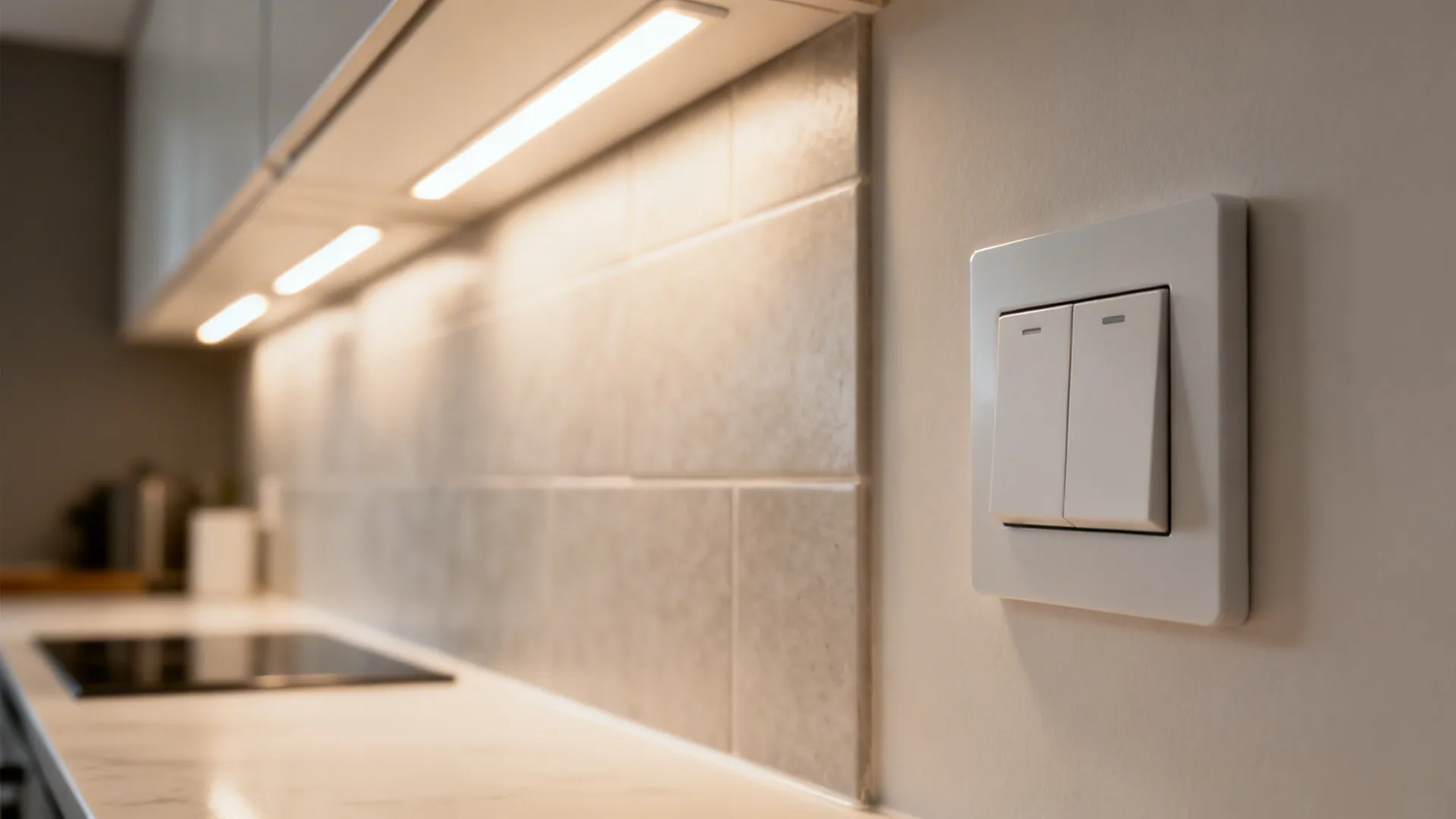 Close-up of a sleek wall dimmer keypad controlling under cabinet lighting.