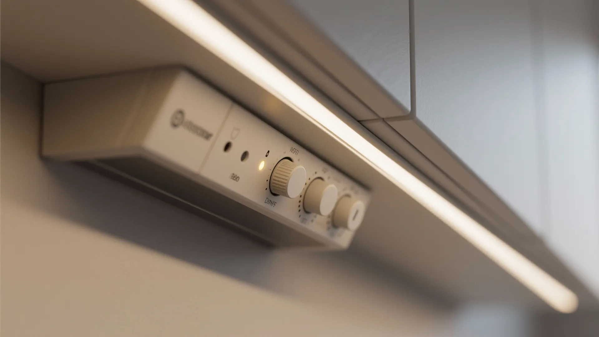 Under cabinet light fixture control panel with knobs and yellow indicator light strip in modern kitchen