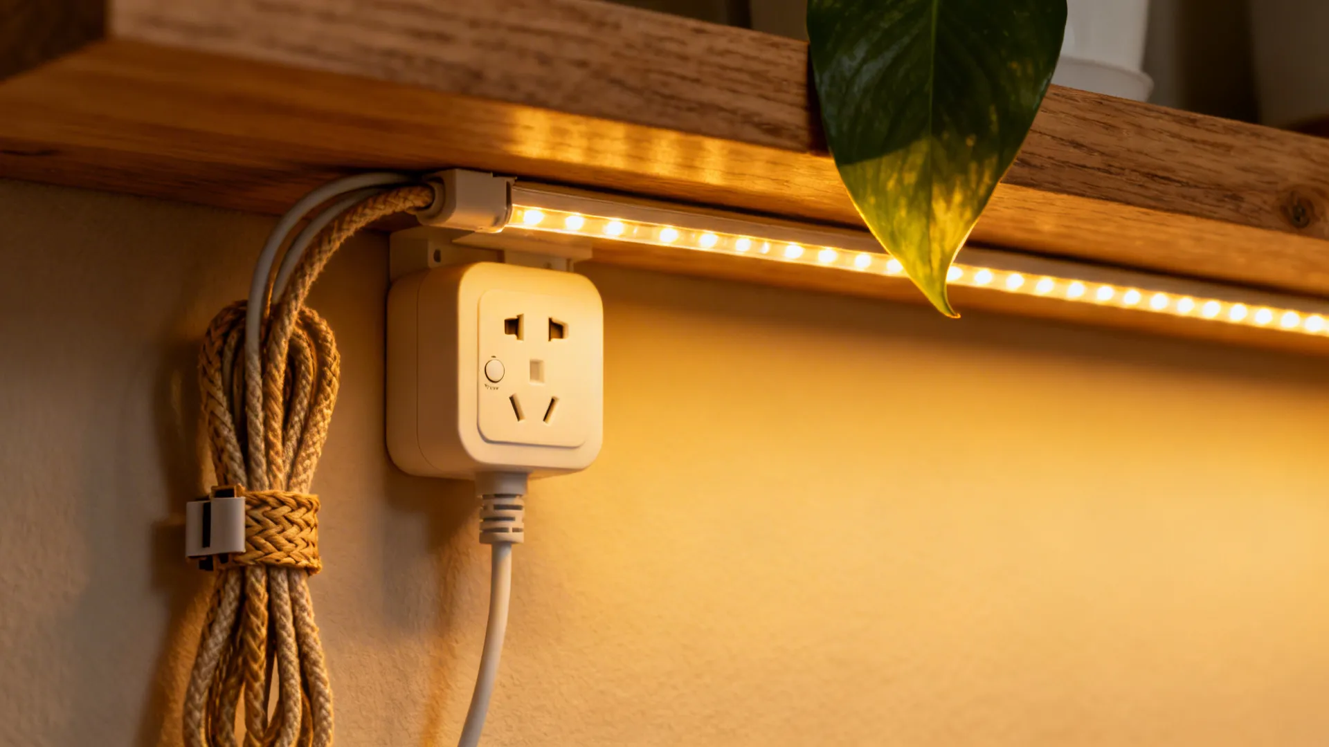 Macro of dimmer plug and warm LED strip under a shelf with tidy cable management.