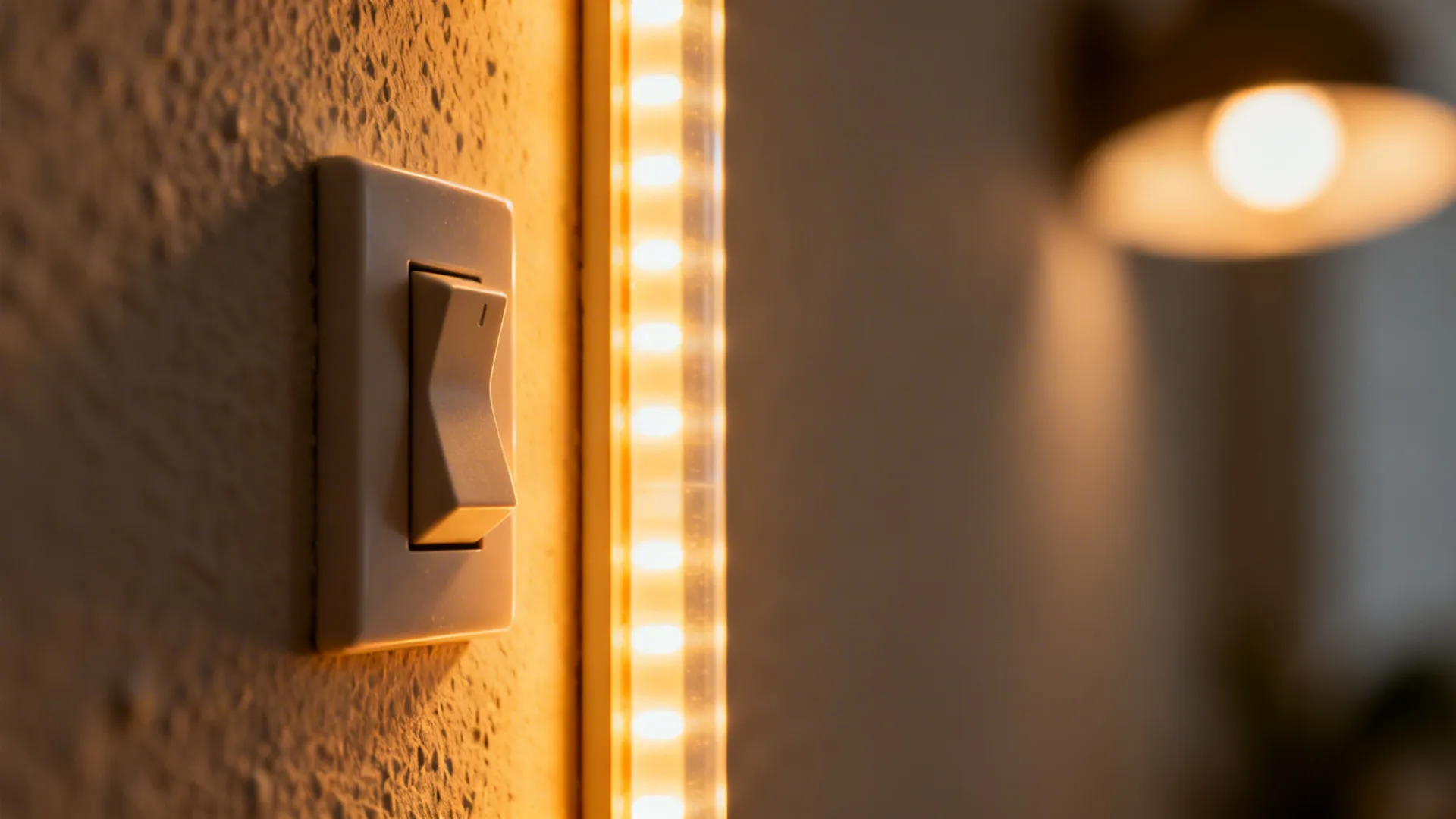 Macro of dimmer and LED strip diffuser casting a warm 3000K glow on the wall.
