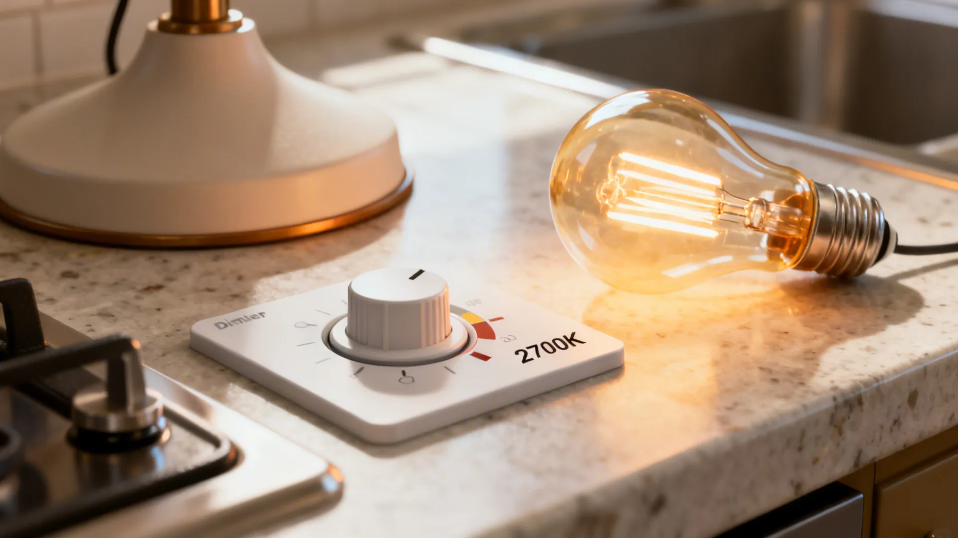 Close-up of a dimmer control and a warm 2700K LED bulb demonstrating adjustable warm lighting