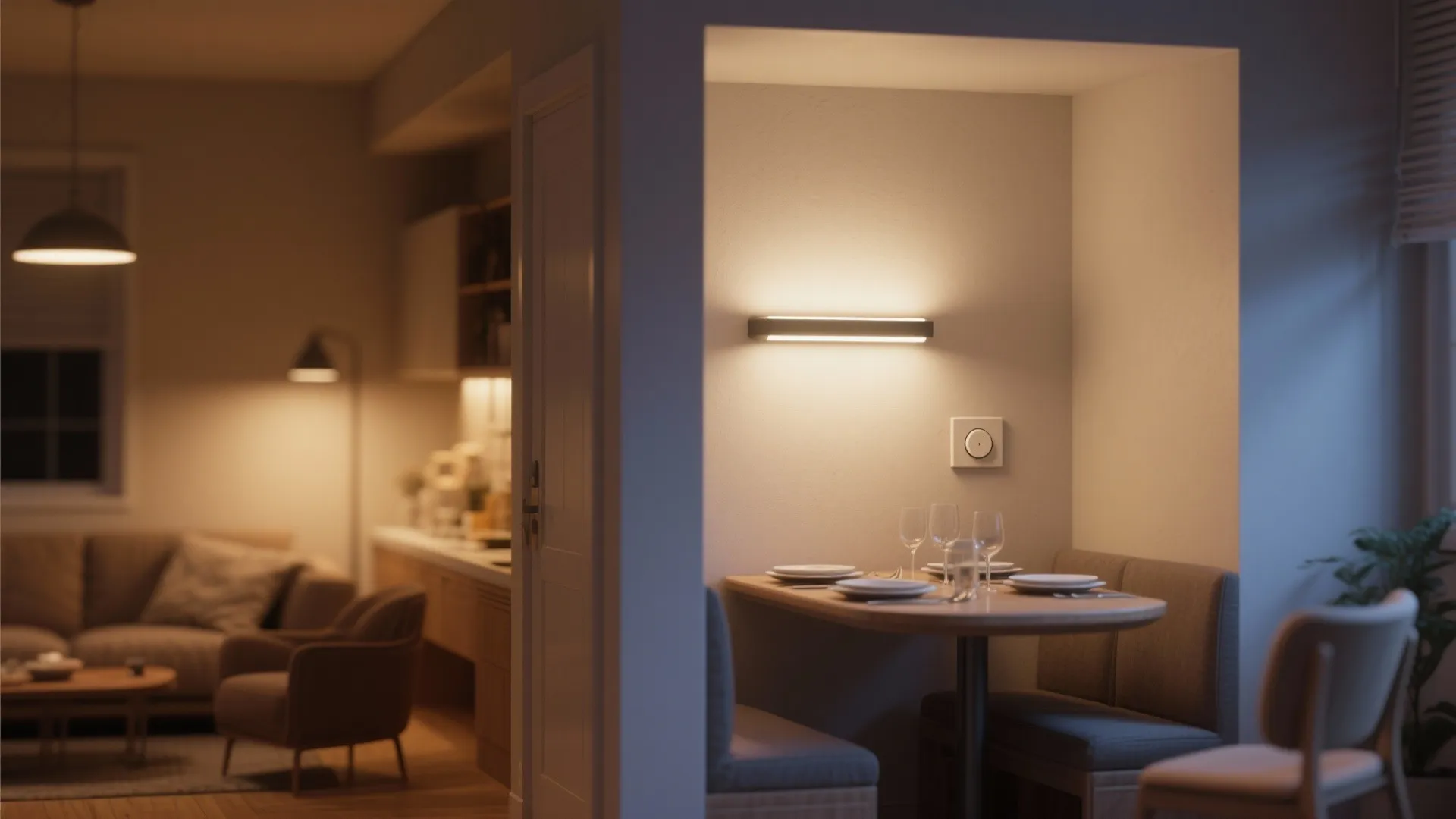 Dining area with table chairs warm wall light and background view of the living room
