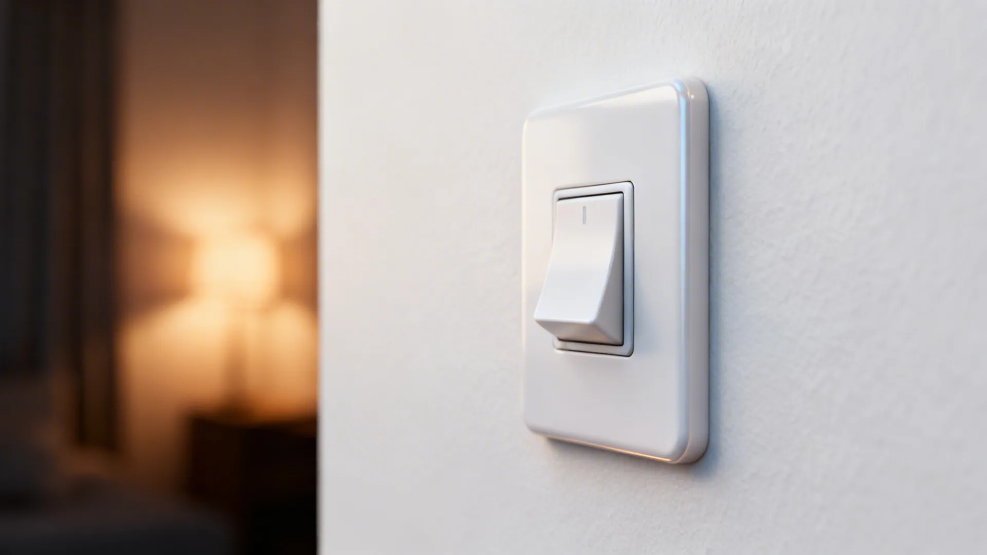 Macro of a clean white dimmer switch with warm ambient light behind.