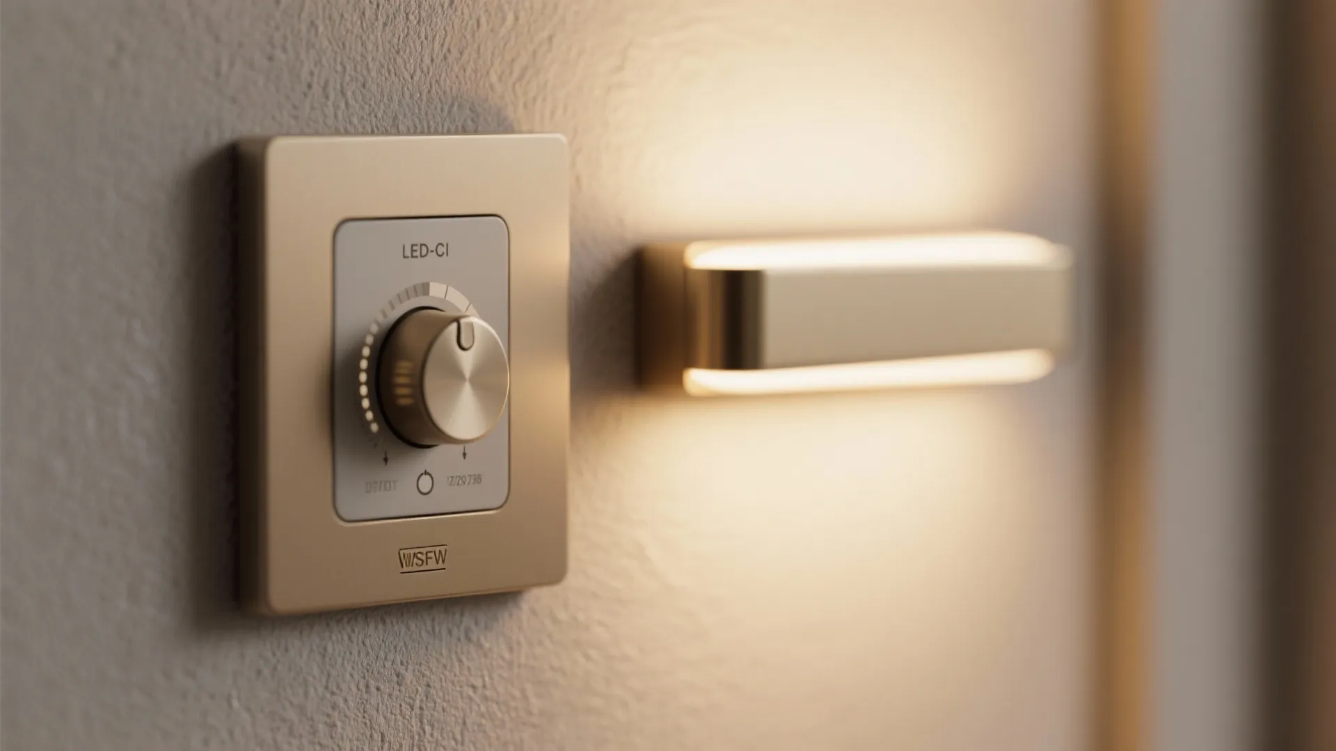 Close up of a gold dimmer switch on wall next to a glowing wall light