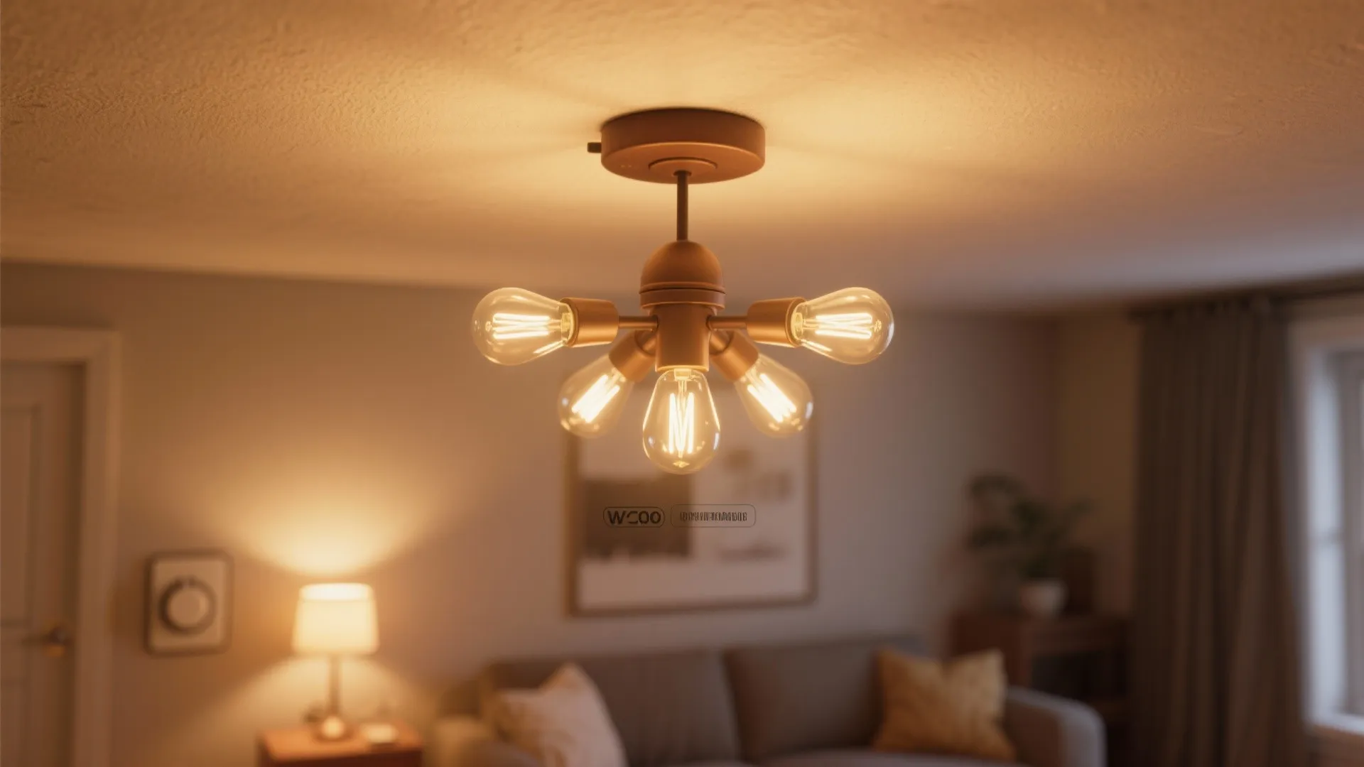 Modern ceiling light with five warm glowing bulbs in a cozy living room with sofa