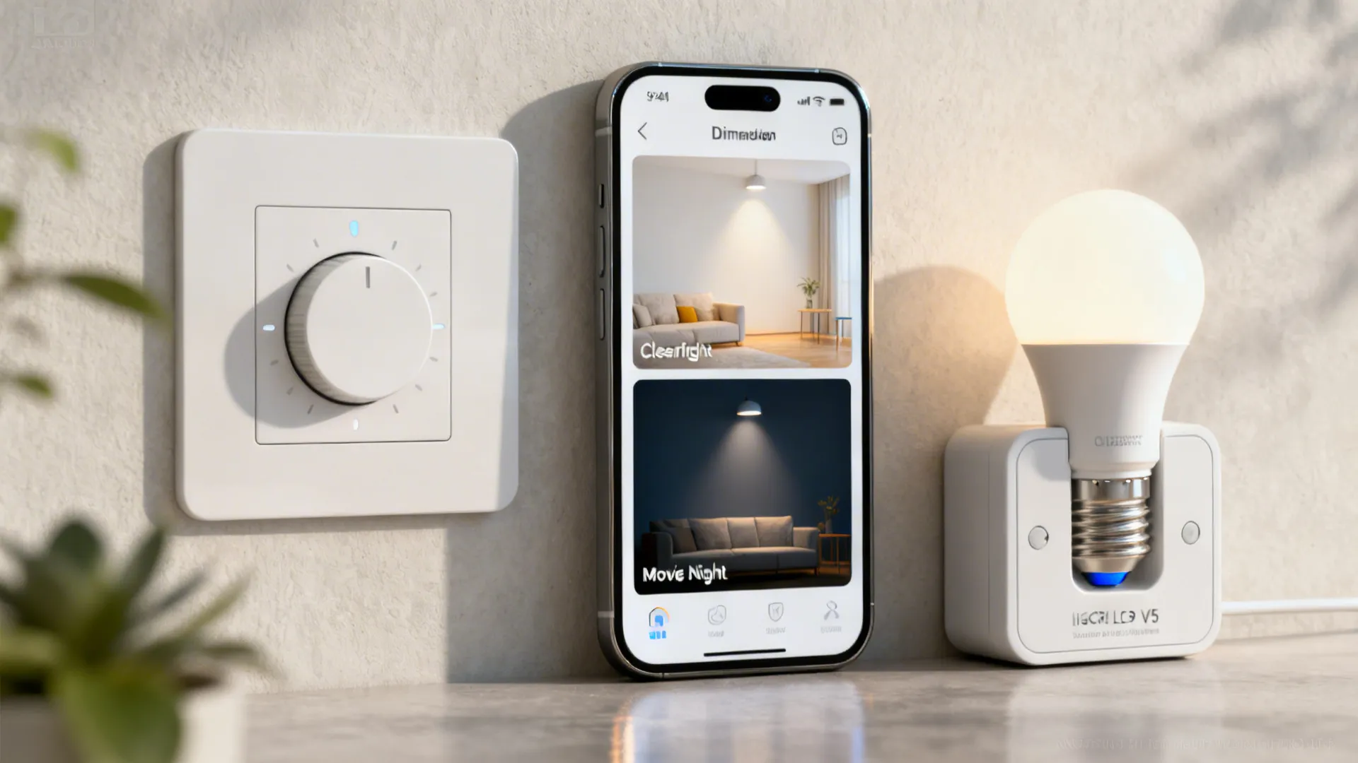 Modern dimmer switch and smartphone demonstrating lighting scenes paired with a high-CRI LED bulb