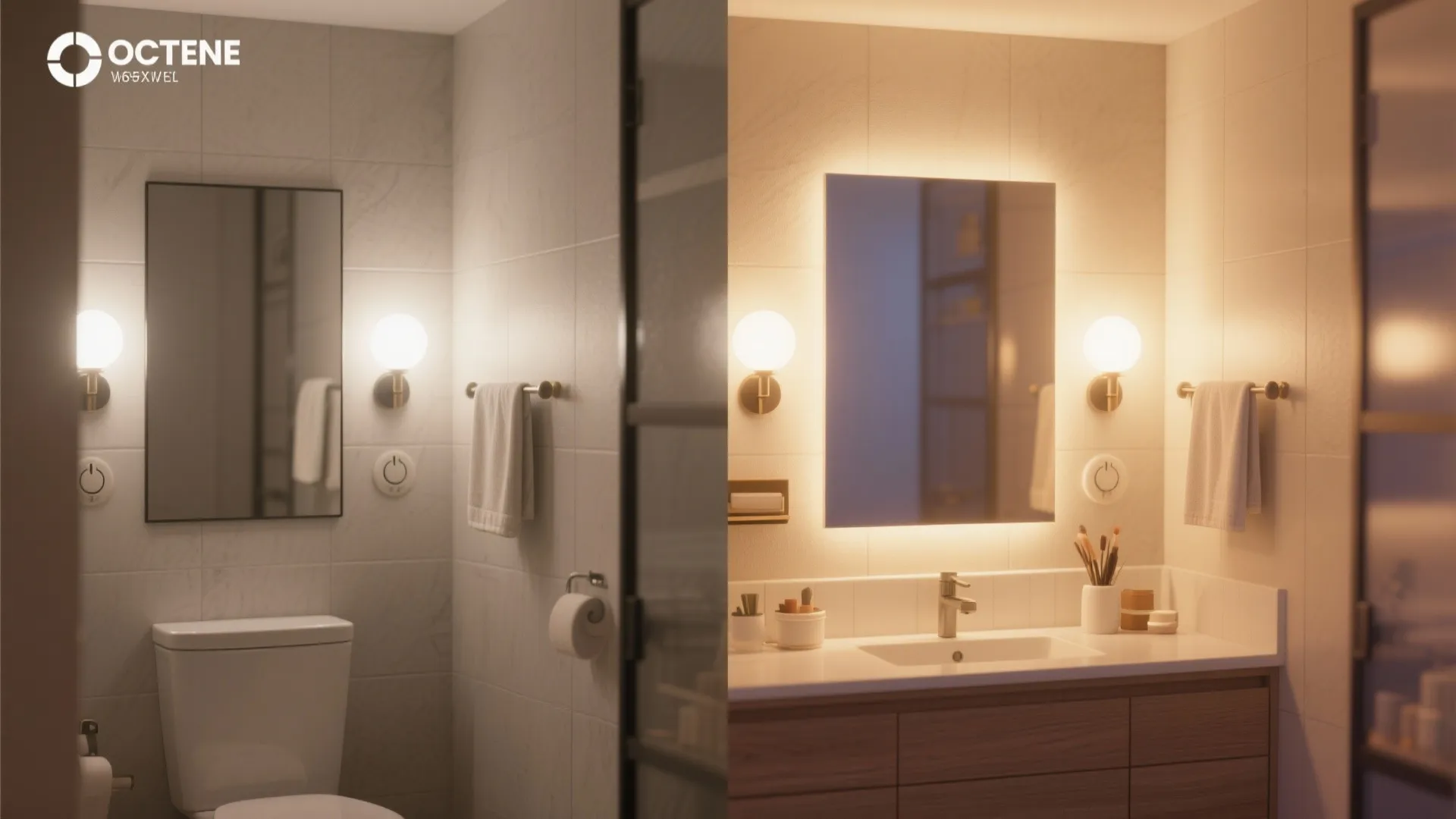 Before and after comparison of bathroom mirror lighting with warm globe wall lights and dimmers