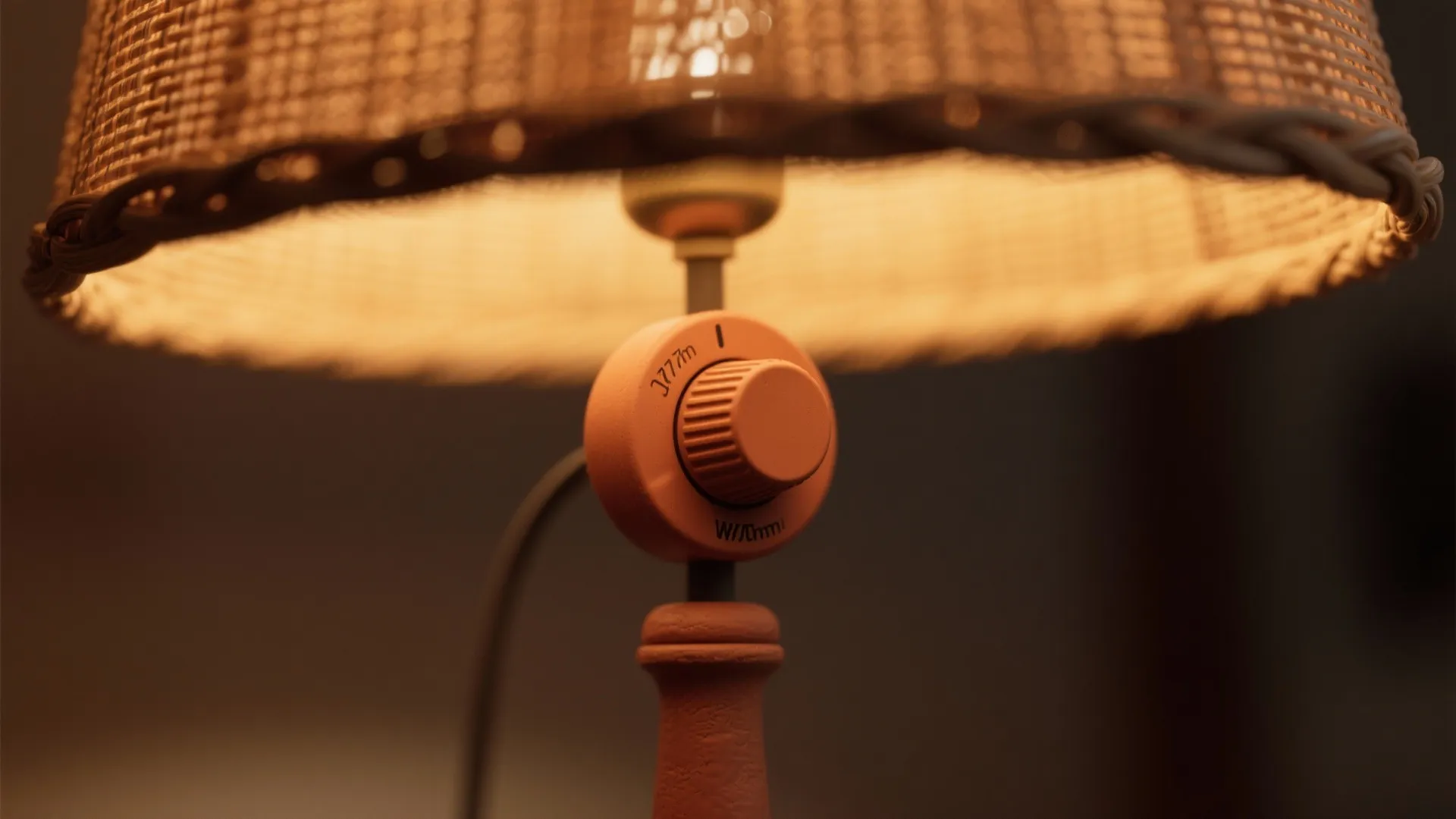 Soft Lighting: Warm LEDs, Earthen Lampshade, and Dimmer