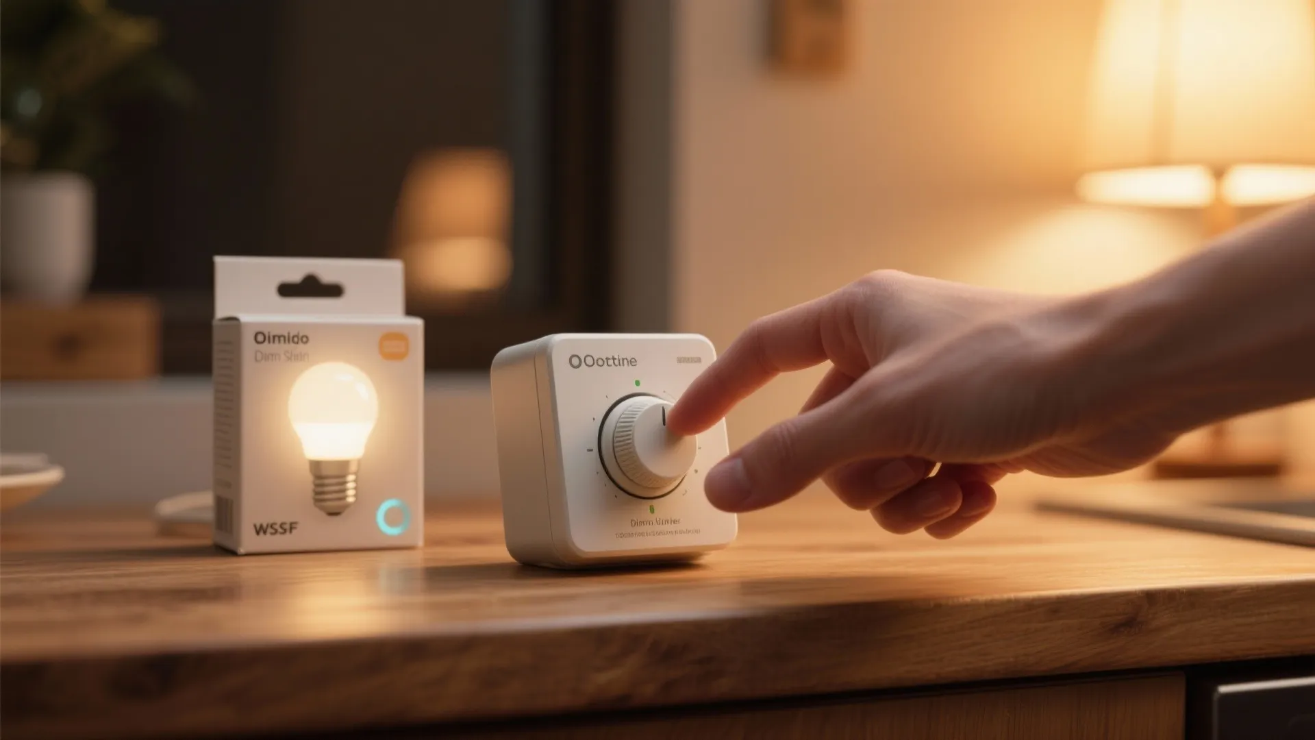 Hand adjusting a white dimmer switch next to a smart light bulb on wooden counter