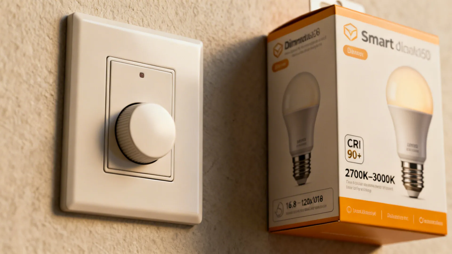 Close-up of a dimmer switch and smart bulb label showing Kelvin and CRI specs.