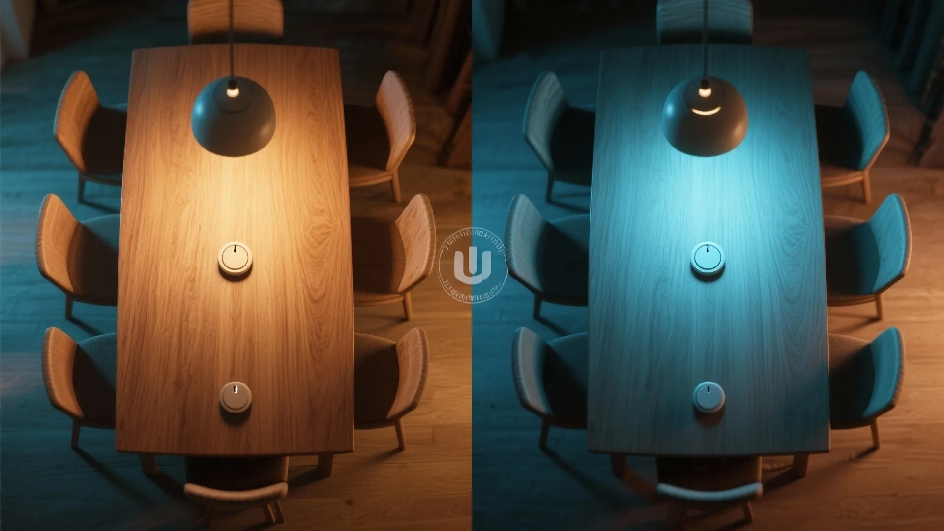 Dining table with lighting ambience change using dimmer