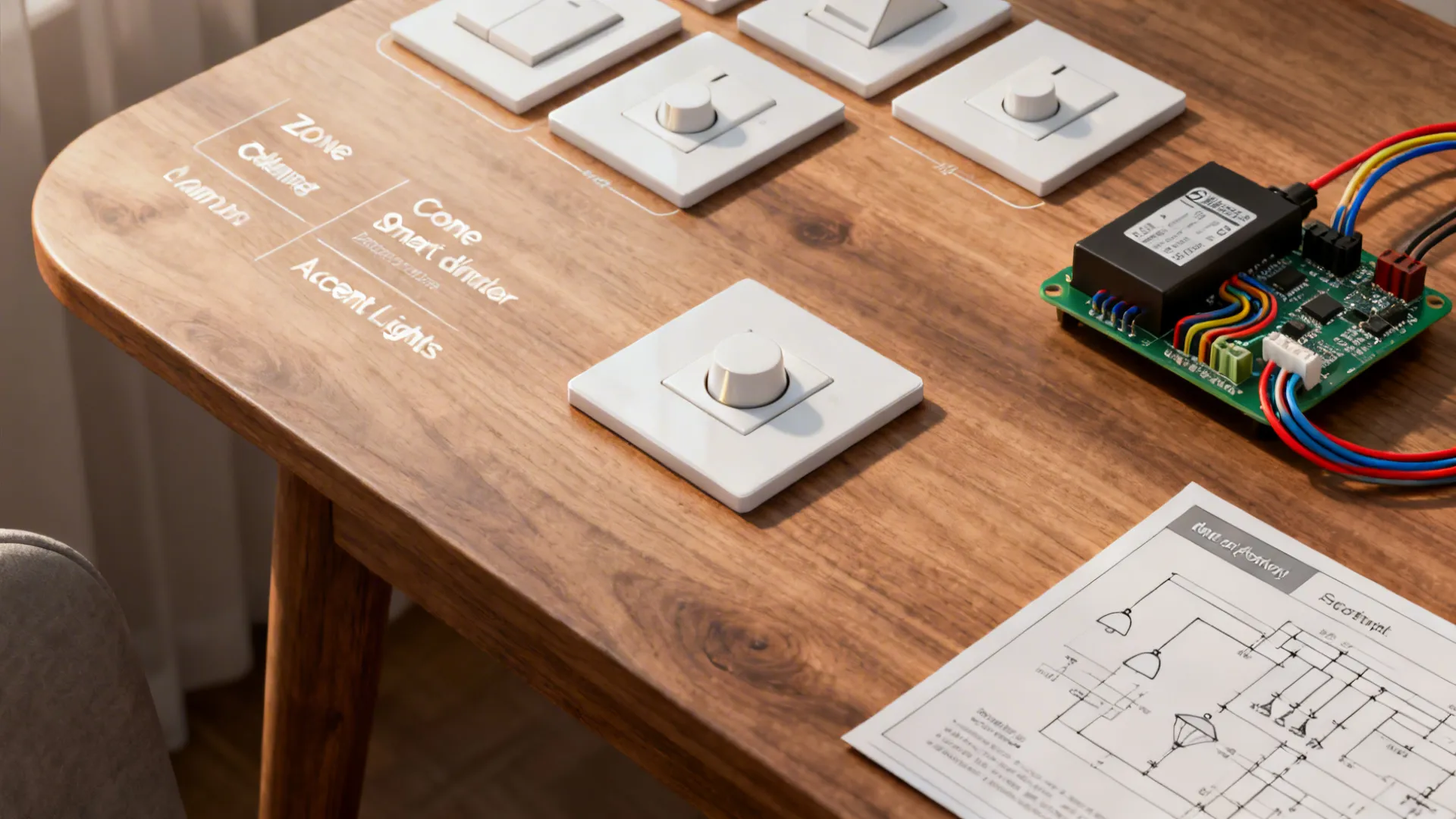 Top-down view of dimmer switches, smart module, and wiring labeled for lighting zones.
