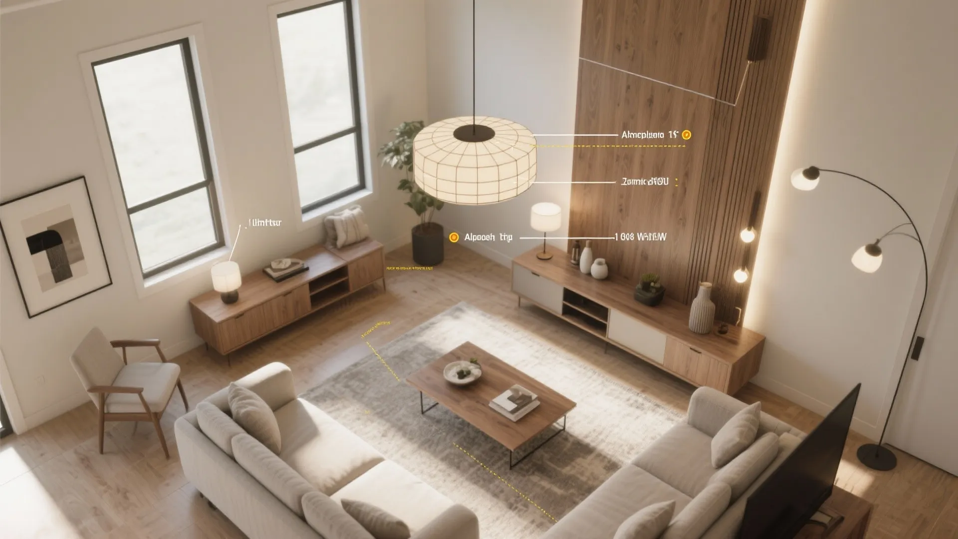 Living room with sofa wooden cabinet ceiling light and floor lamp showing different lighting zones