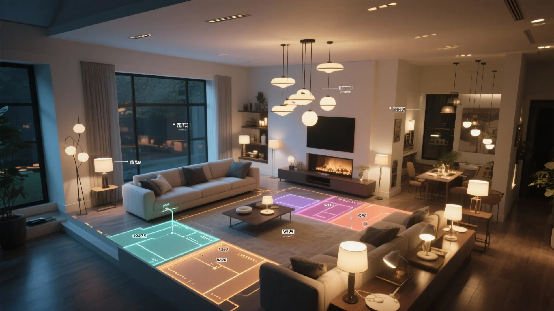 Modern living room interior design drawing showing different lighting zones with sofa fireplace and lights