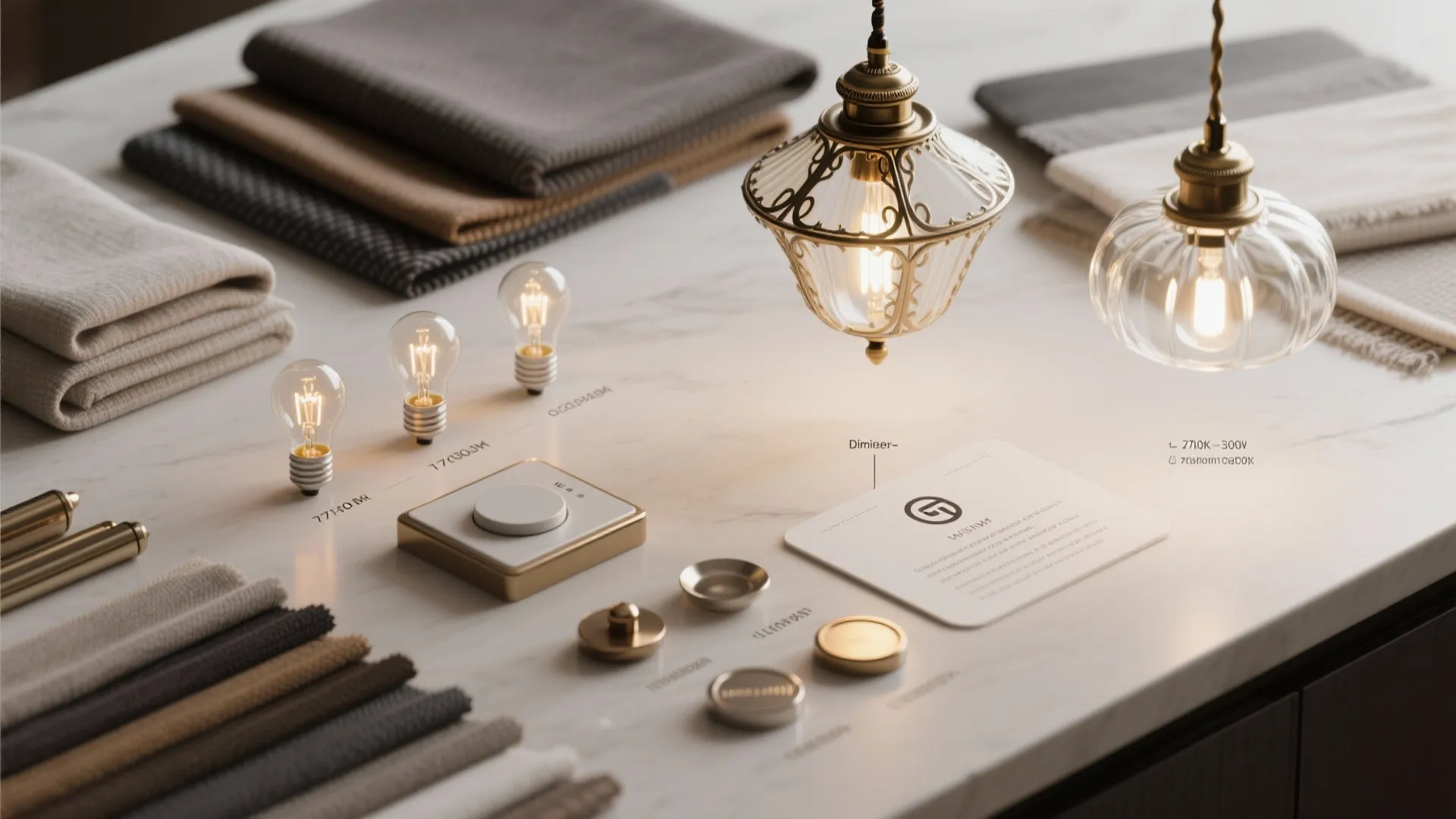 Table with light bulbs dimmer switch fabric samples glass ceiling lights and interior design tools