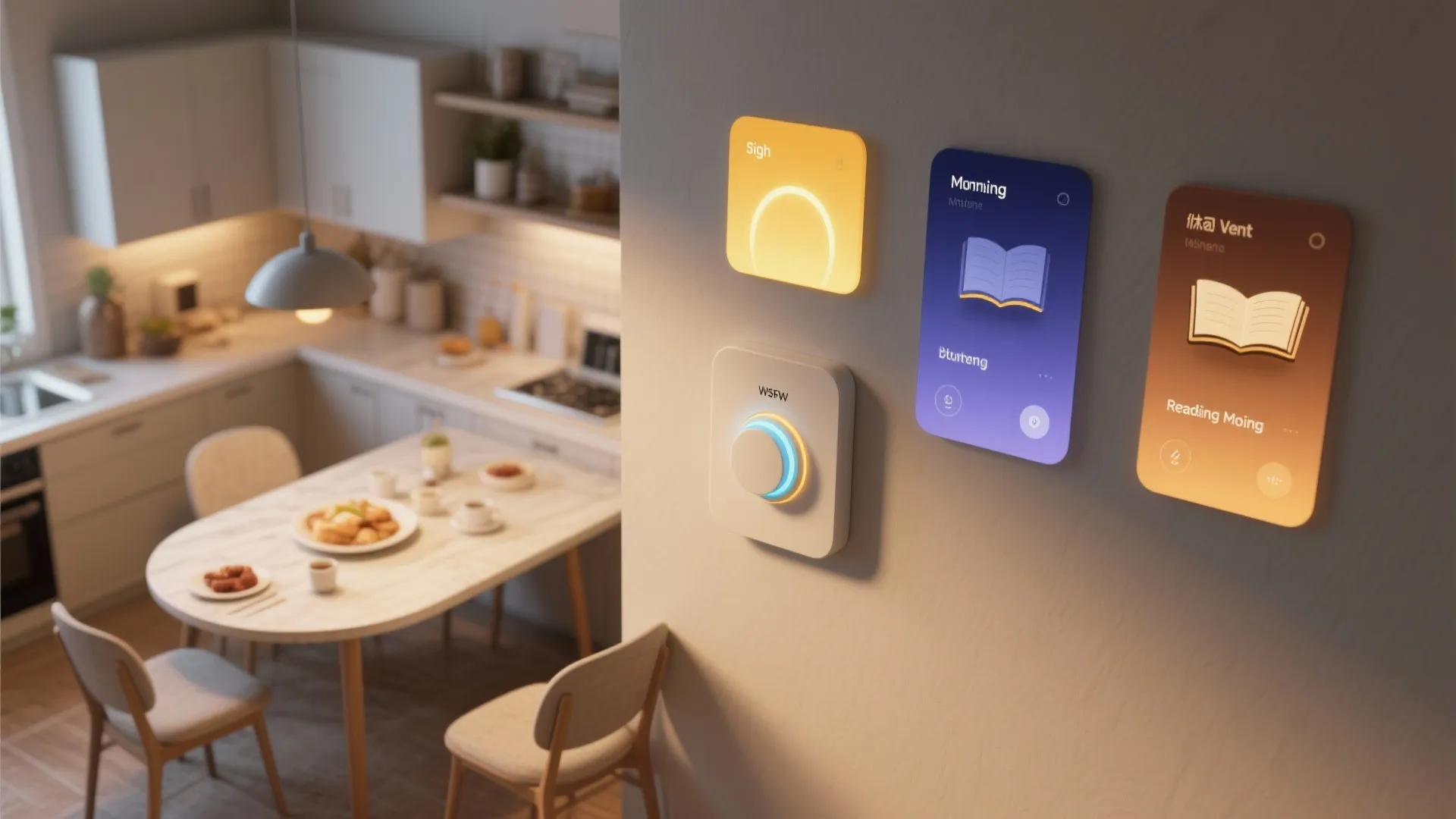 Smart light switches and digital controls mounted on a wall overlooking a modern kitchen area