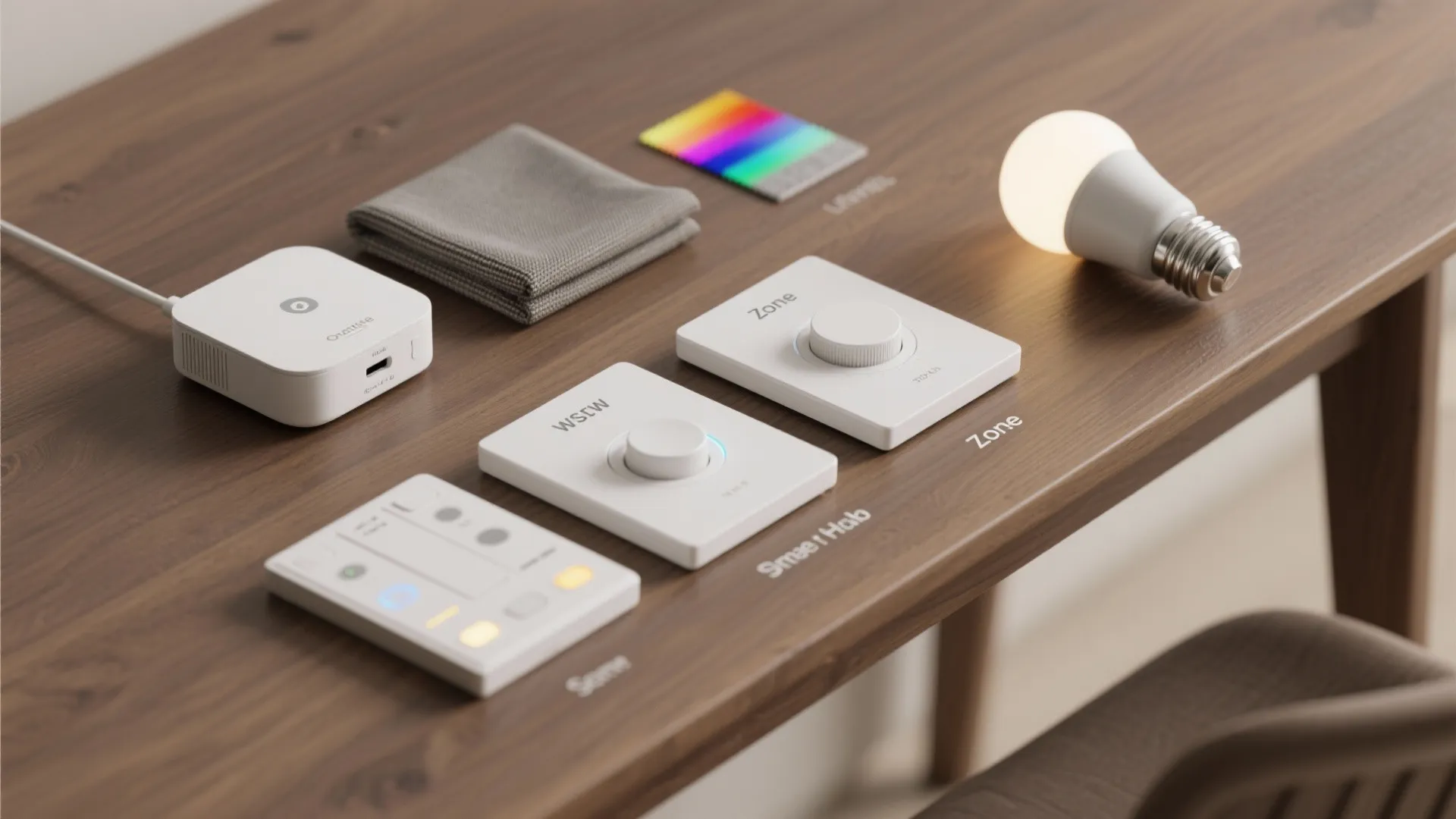 Smart home lighting control hub with dimmer switches light bulb and color samples on wooden desk