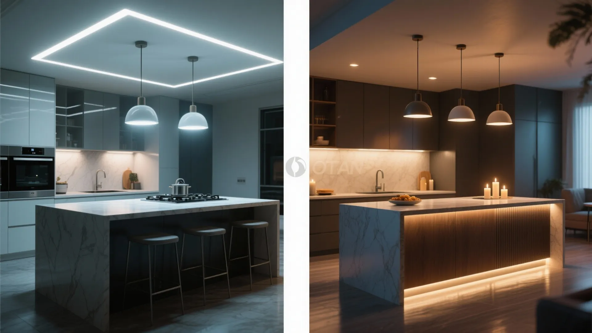 Side-by-side comparison of a kitchen island in bright task mode and a warm dimmed entertaining scene.